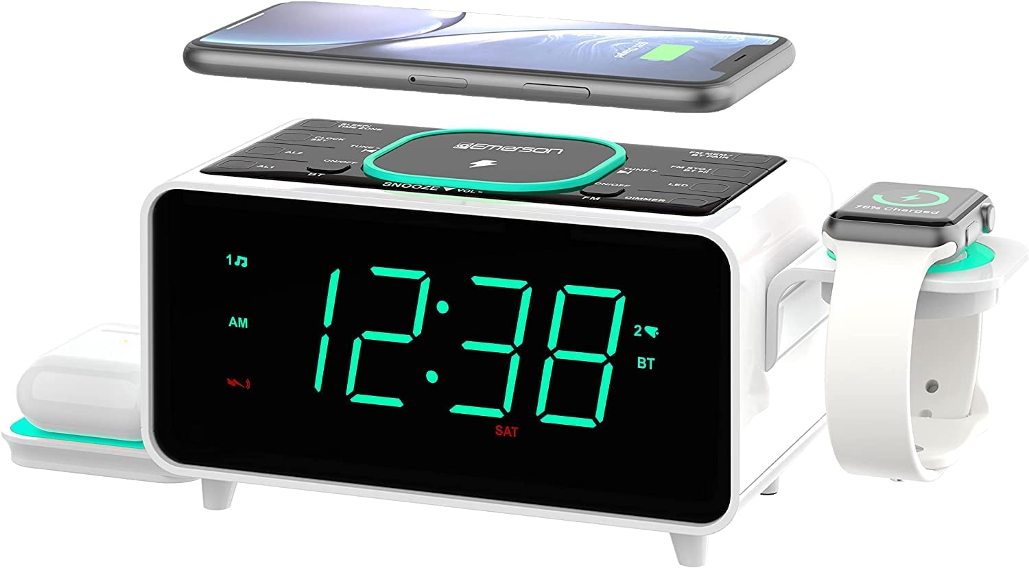 Emerson Radio Smartset Alarm Clock AM/FM Radio with Wireless Charging, Bluetooth Speaker, Fast Charging for Airpods/Iphone, Foldable Stand, USB Charger, Adjustable LED Glow, ER100501, Black/Neon image number 6