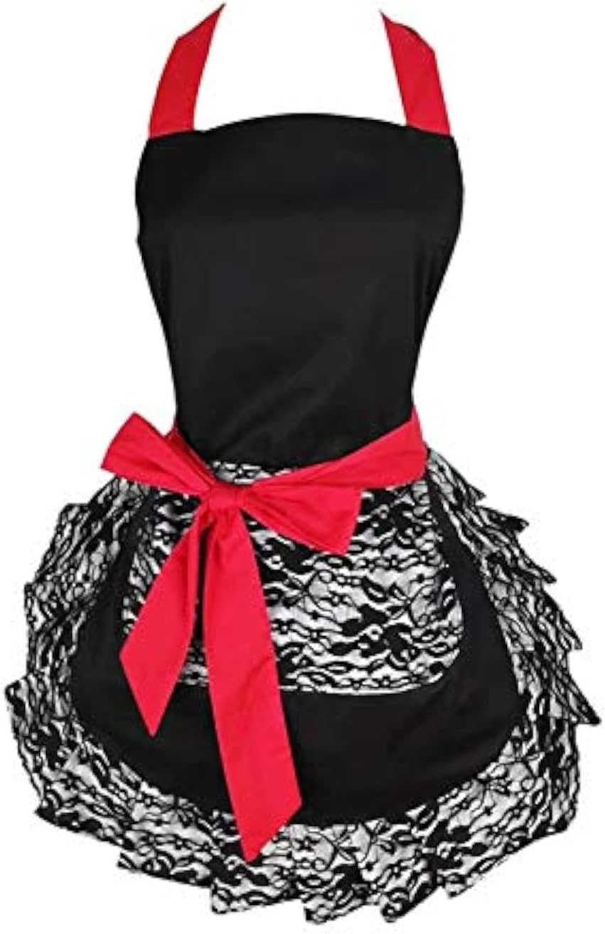 Hyzrz Cute Lace Flirty Apron with Pocket Fun Retro Sexy Cooking Aprons for Women Girls