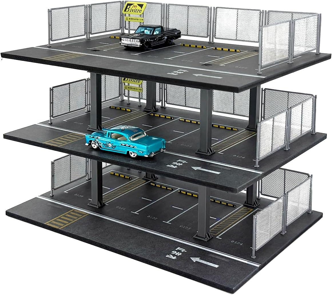 Hot Diecast Wheels Display Case - 1/64 Scale Die-Cast Model Car Organizer, Hot Diecast Wheels Parking Garage Dioramas with 15 Parking Spaces(Mesh Railing)
