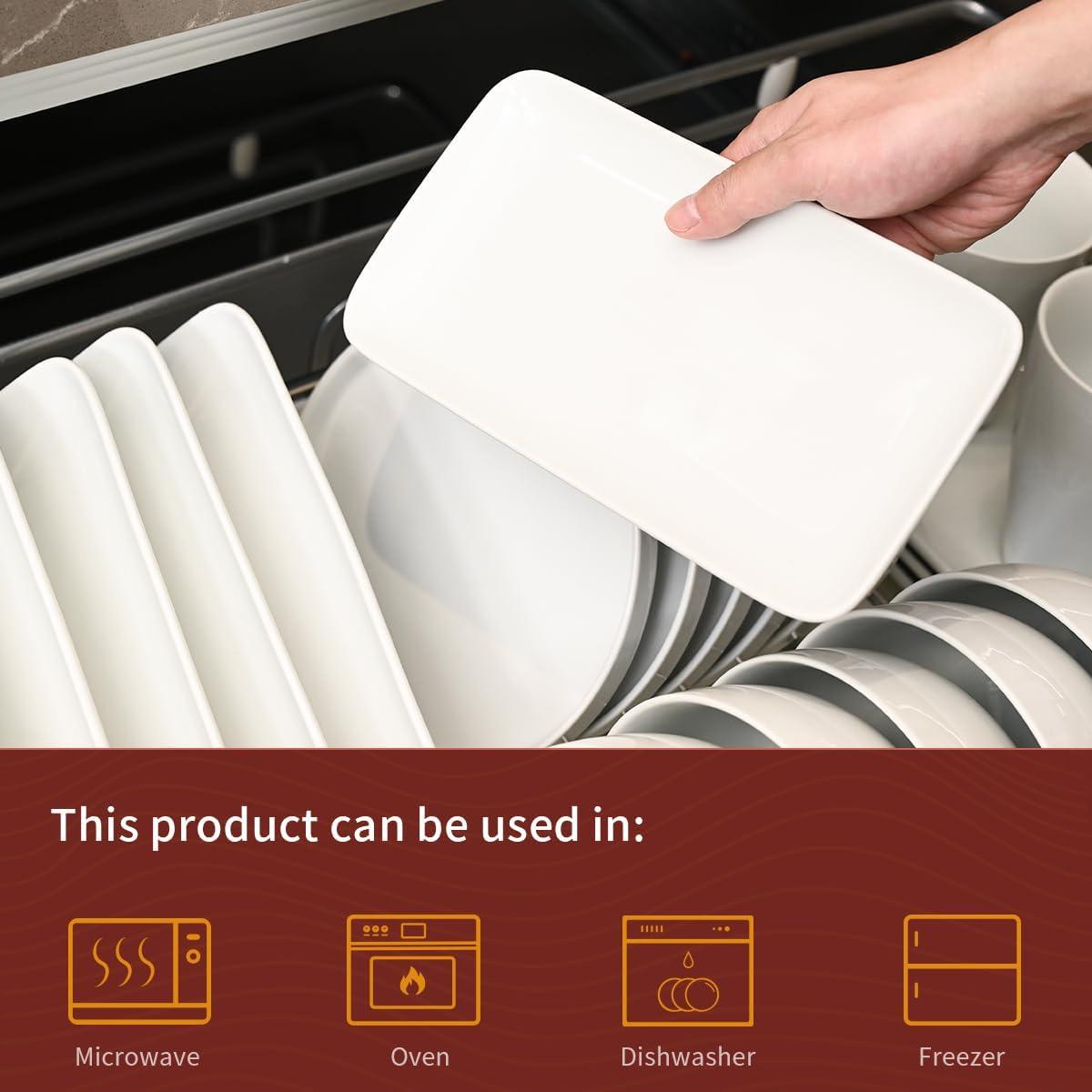 Ceramic Rectangle Plates Set of 6, White Serving Platters, 23.5 Cm Small Serving Plates, Porcelain Party Plates for Appetizer, Dessert, Salad, Sushi, Snack, Cake image number 1