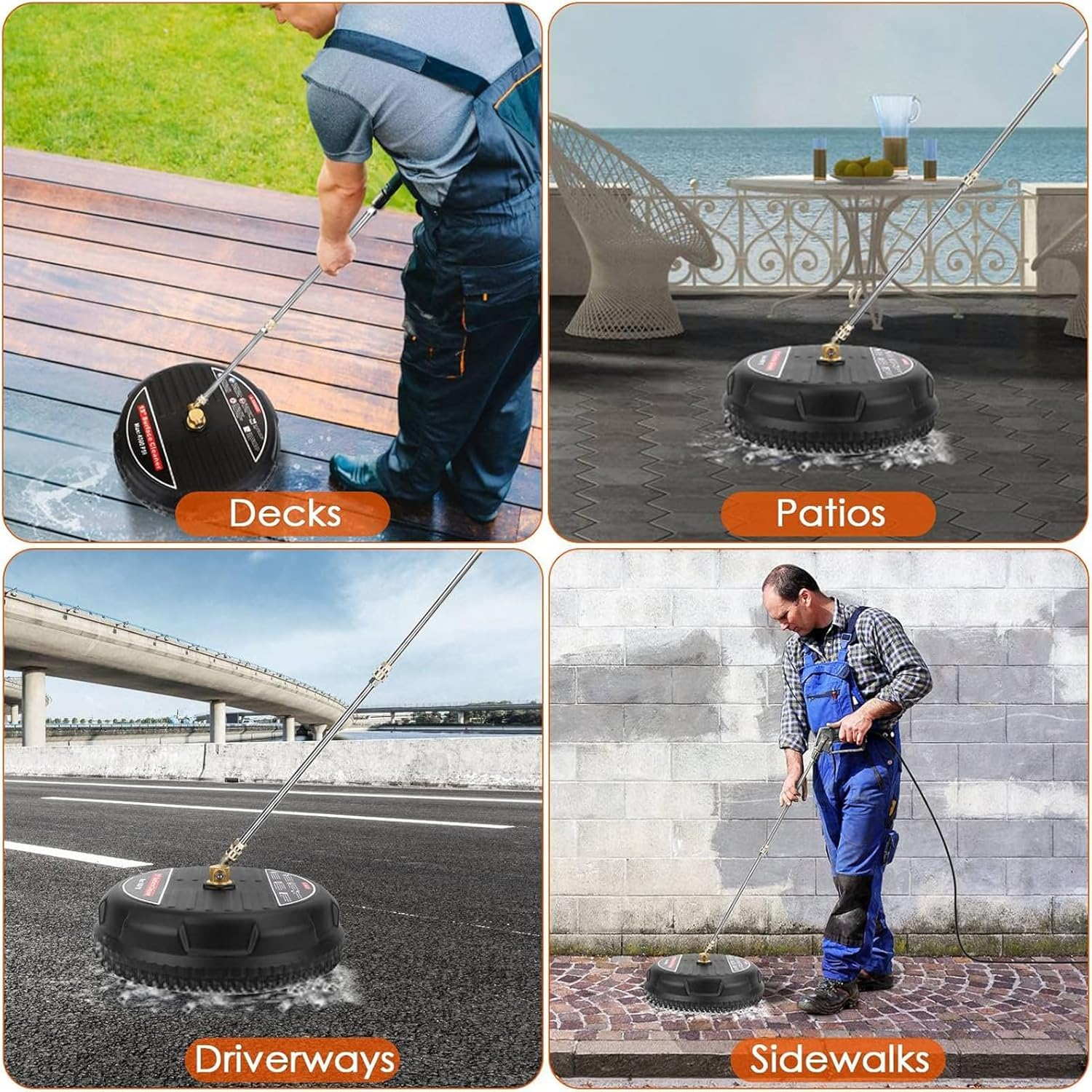 Pressure Washer Surface Cleaner, 4000PSI Pressure Washer Circle Attachment,15In Power Washer Disc Attachment with 2 Extension Wands for Cleaning Driveway, Sidewalk, Deck, Patio, Black image number 4