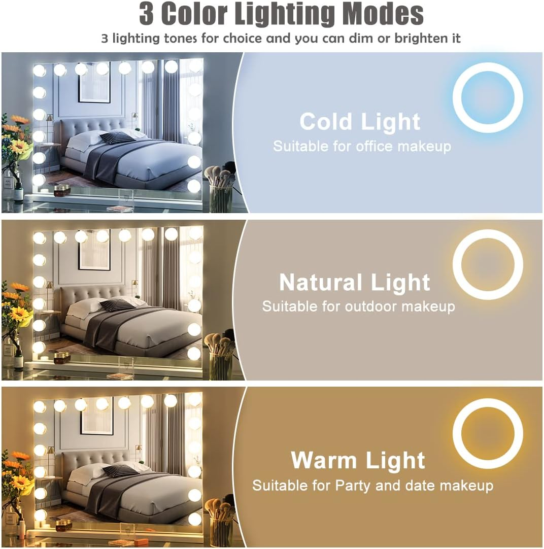 Hansong Vanity Mirror with Lights and Bluetooth Extra Large Hollywood Makeup Mirror with 18 Pcs LED Bulbs Lighted Vanity Makeup Mirror with USB Charging, 3 Color Lighting Modes Tabletop or Wall Mount image number 2