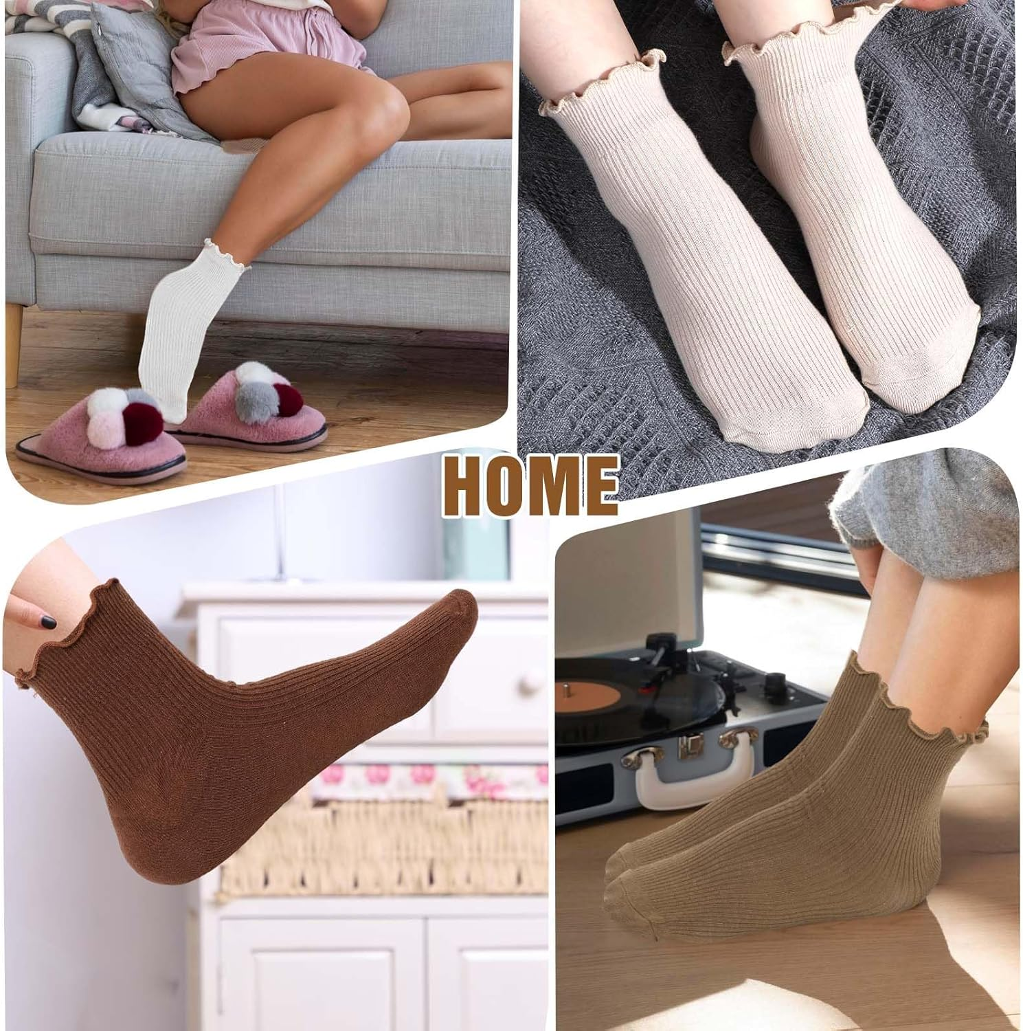 6 Pairs Womens Ruffle Socks,H HOME-MART Ruffle Turn-Cuff Casual Ankle Frilly Socks White Crew Socks Women Breathable Cool image number 2
