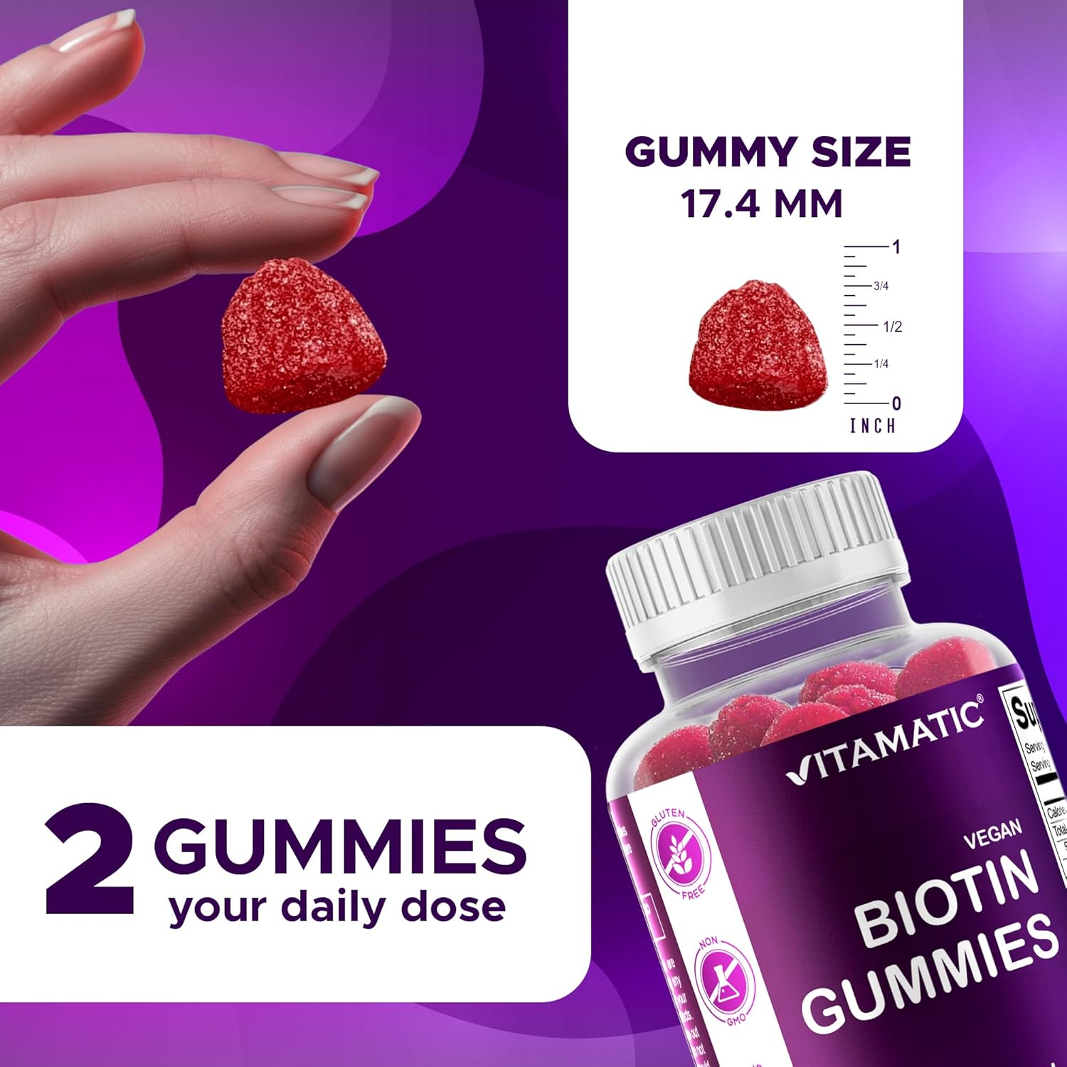 Vitamatic Biotin Gummies 10,000 Mcg for Stronger Hair, Skin & Nails - 60 Vegan Gummies - Also Called Vitamin B7 image number 6