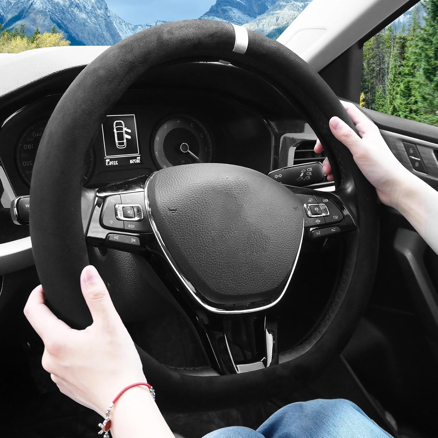 Car Steering Wheel Cover, Suede Car Interior Accessory for Driverse Car, Anti-Slip Breathable Full Surround Leather Steering Wheel Covers Protector for 14.5"-15" Universal Fit (Silver-O Shape) image number 2