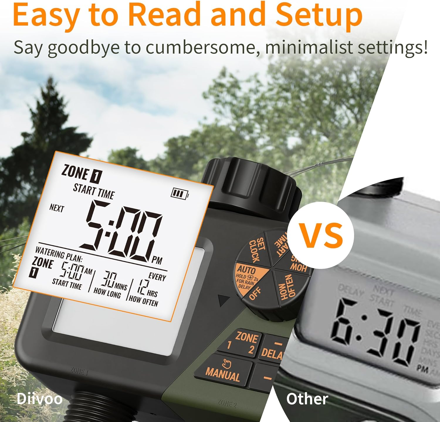 Diivoo Sprinkler Timer 2 Zone, Programmable Water Hose Timer 2 Outlet for Garden, Outdoor Automatic Irrigation System IPX5 Waterproof with Rain Delay/Manual for Lawn, Yard, Pool