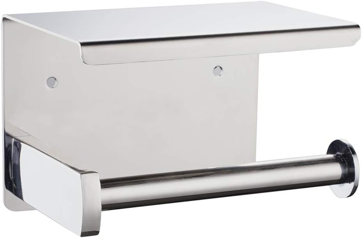Toilet Paper Holder with Shelf Wall Mounted, Adhesive Toilet Paper Roll Holder, Stainless Steel Tissue Roll Dispenser Storage, Adhesive No Drilling or Drilling with Screws (Polished Chrome) image number 1