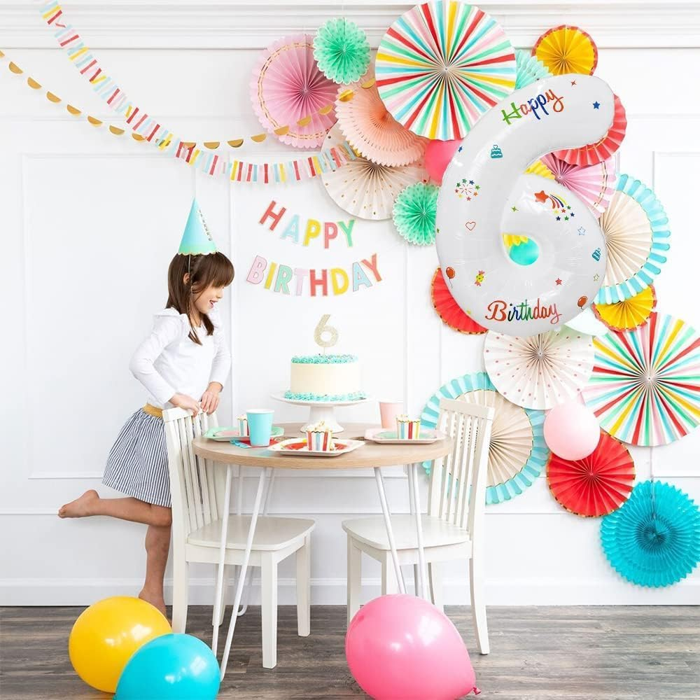 32 Inch Foil Big Number 6 with Happy Birthday, Large White Digital Balloons 0-9 for Kids Party Birthday and Baby Shower (White, 6) image number 4