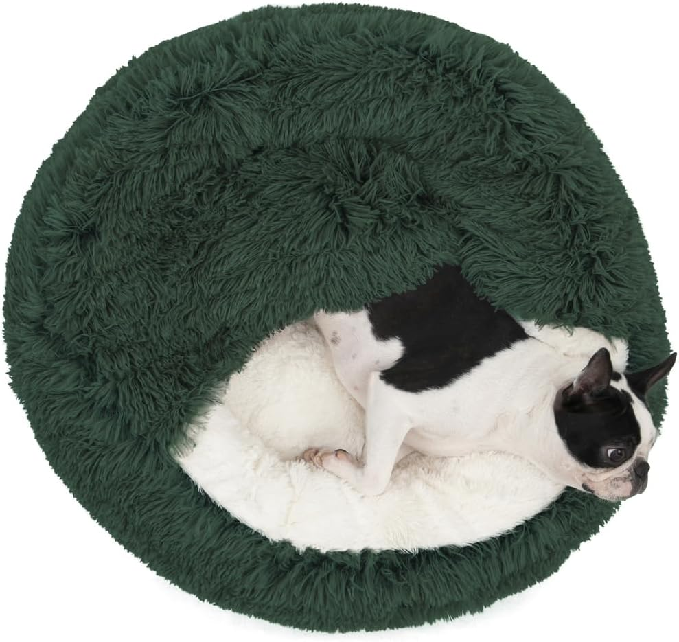 Charlies Snookie Calming Hooded Faux Fur Calming Dog Bed Unique Calming Calming Hooded Design Anti-Anxiety Vegan Base Filling Is 100% Recycled Polyester Eden Green - Large 90X90X25Cm