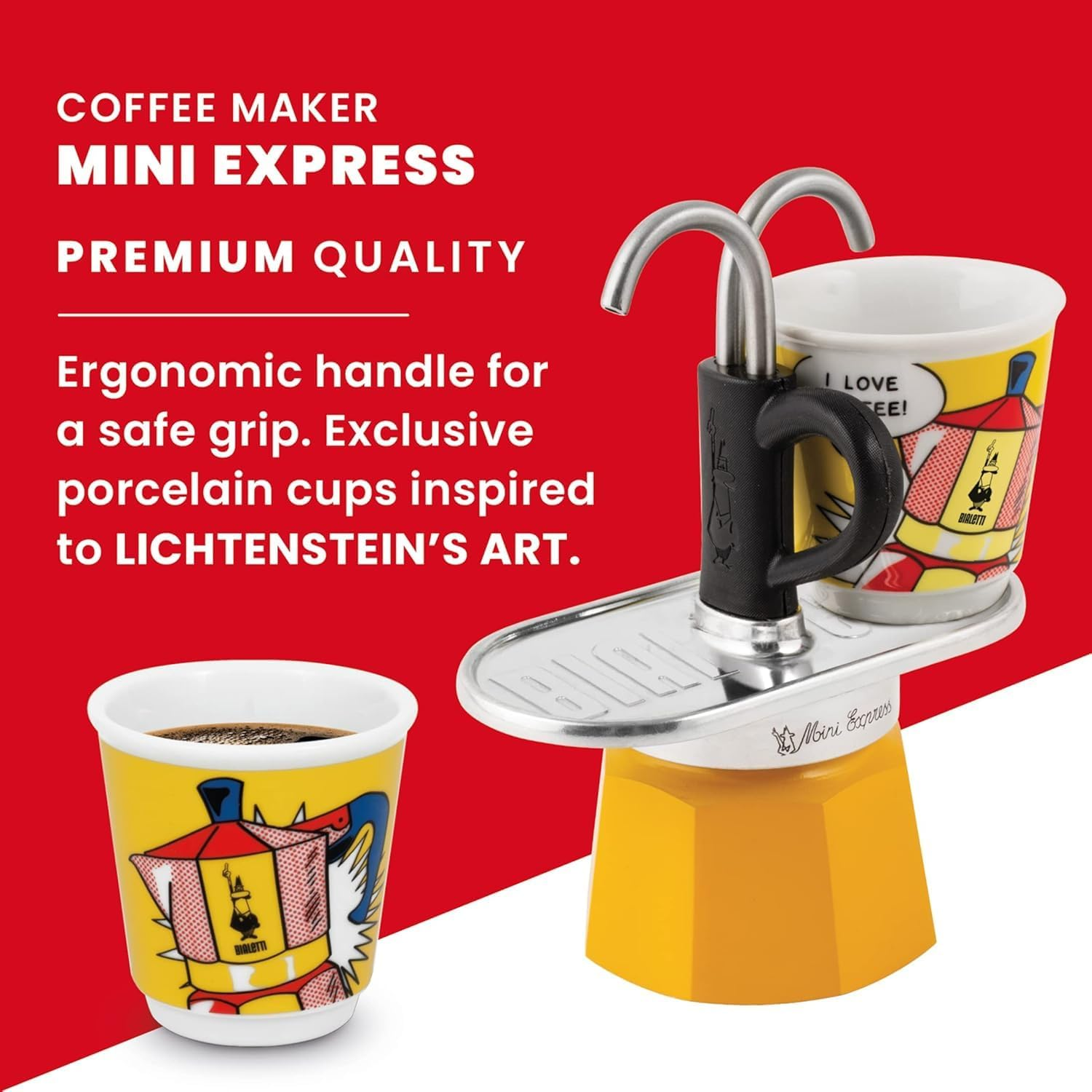 Bialetti - Mini Express Set, Set Includes Coffee Maker, 2X 2.8 Oz Cups, 2X Glasses, Not Suitable for Induction, Metal, Lichtenstien