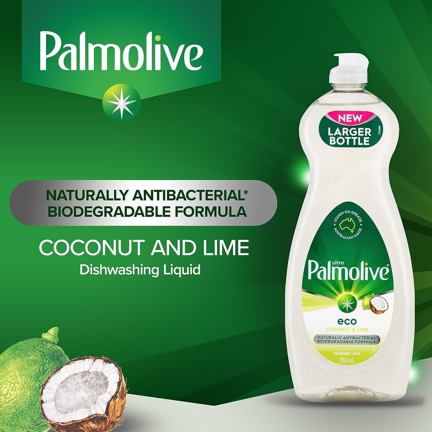 Palmolive Dish Ultra Eco Naturally Antibacterial Dishwashing Liquid 950Ml, Coconut and Lime, Powerful Biodegradable Formula image number 1