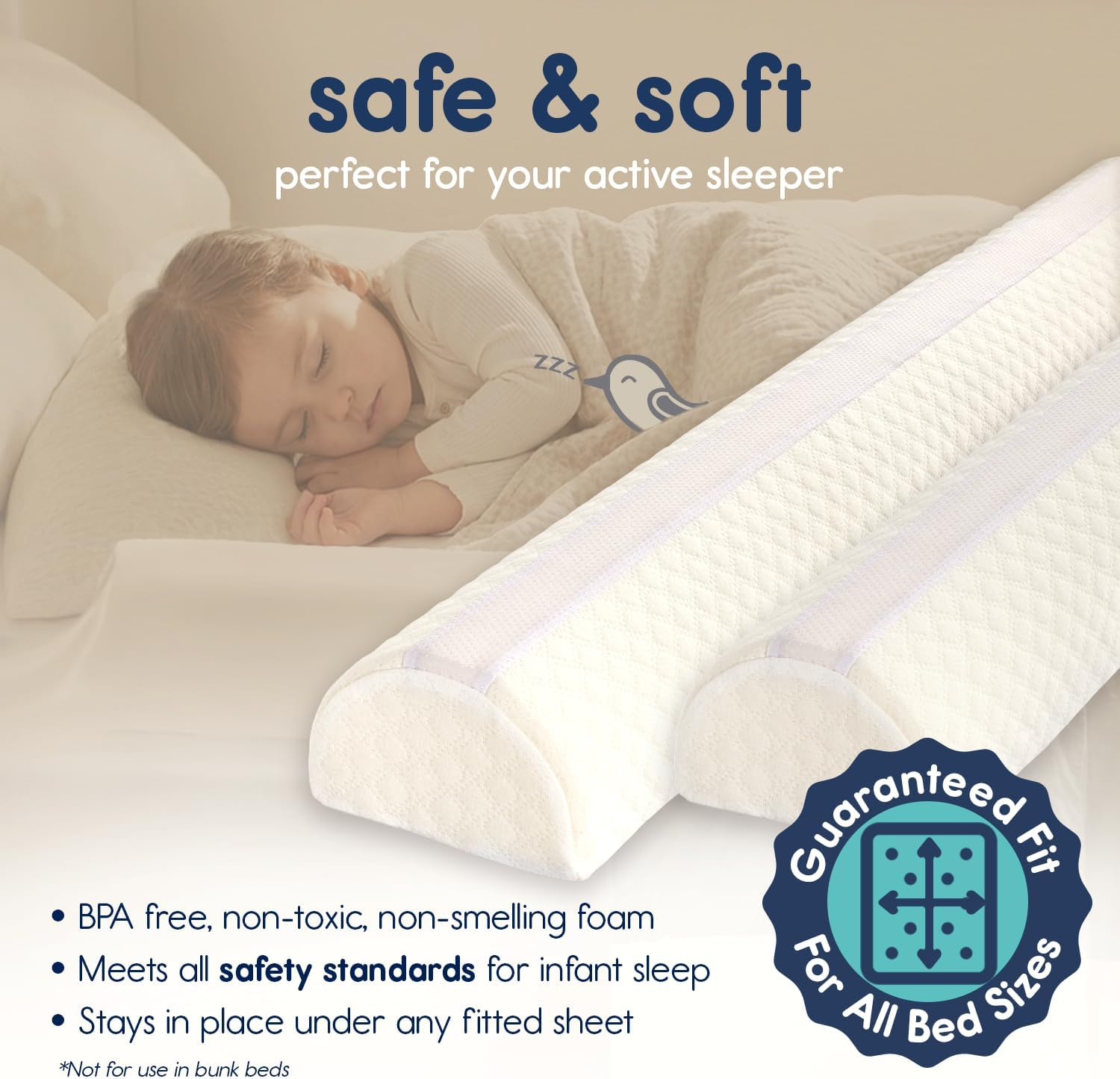 [2-Pack] Hiccapop Foam Bed Bumpers Toddler Bed Rails with Water-Resistant Cover for Kids - Safety Side Pillow Pads image number 3