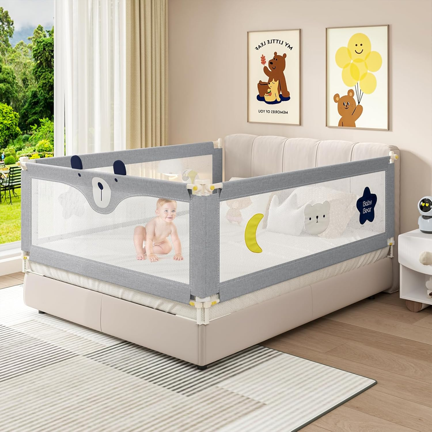 3Pcs Toddler Bed Rail, Cot Fence Barrier Adjustable Height Double Lock Foldable, Bedside Safety Protection Facilities, 179.5X198Cm Grey image number 5