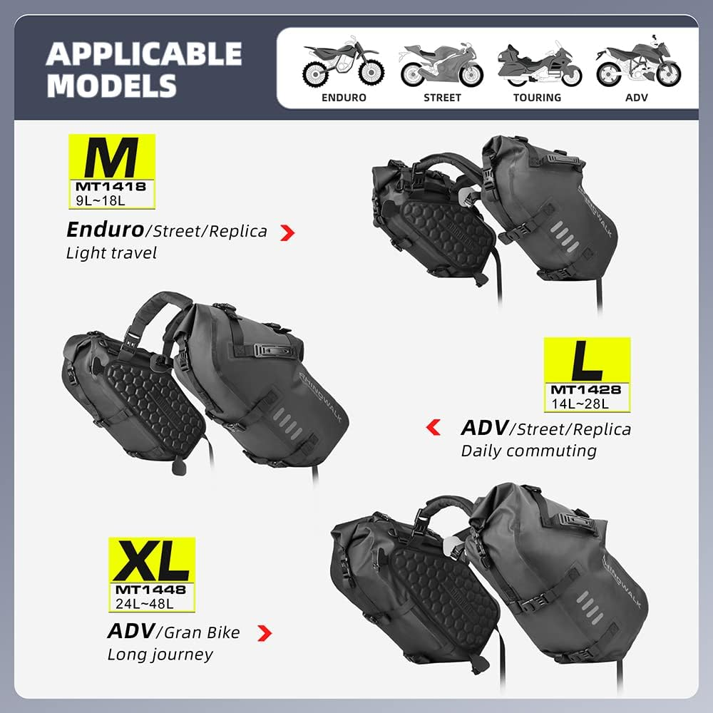 Rhinowalk Motorcycle Saddle Bag Waterproof 18L (9Lx2) Motorcycle Side Pannier Bag Anti-Vibration Motorbike Bag Motorcycle Accessories MT1418 Black image number 6