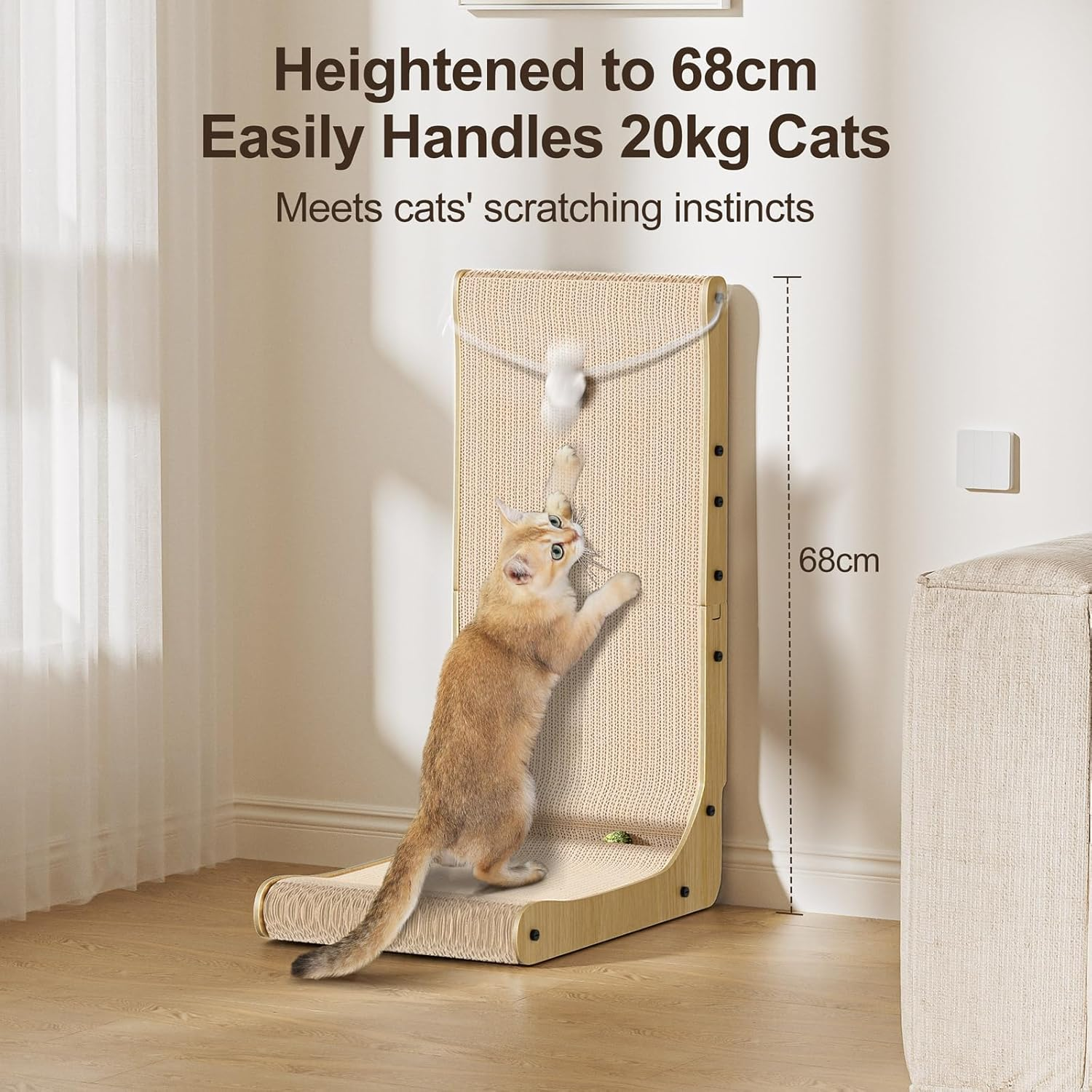 Gimars L Shape 68Cm Cat Scratcher, Cat Scratching Board with Plush & Catnip Balls, Large Size Cat Cardboard Scratcher Wall Mounted for Indoor, Cat Toys for Protecting Furniture (Wood) image number 1