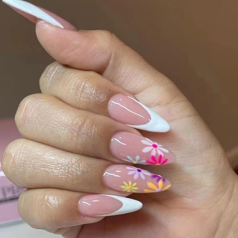 Fake Nail French Hand-Painted Style, Simple Almond Nail, Medium Long, Colorful Floral Beauty Series, Press Style Fake Nail image number 4