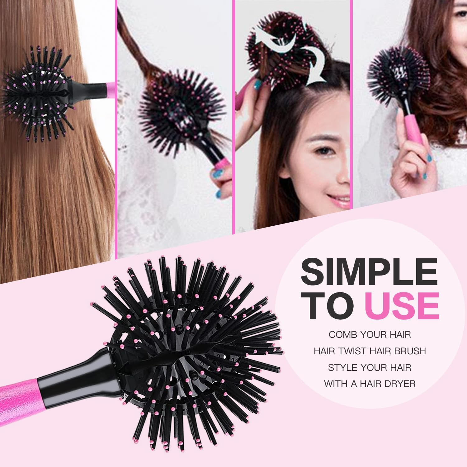 3D Bomb Curl Hair Brush 360&deg; round Styling Hair Brush Detangling Hairbrush Spherical Ball Brush Salon round Hair Curling Curler and Wide Tooth Comb for Curly/Long/Wet/Dry Hair image number 1