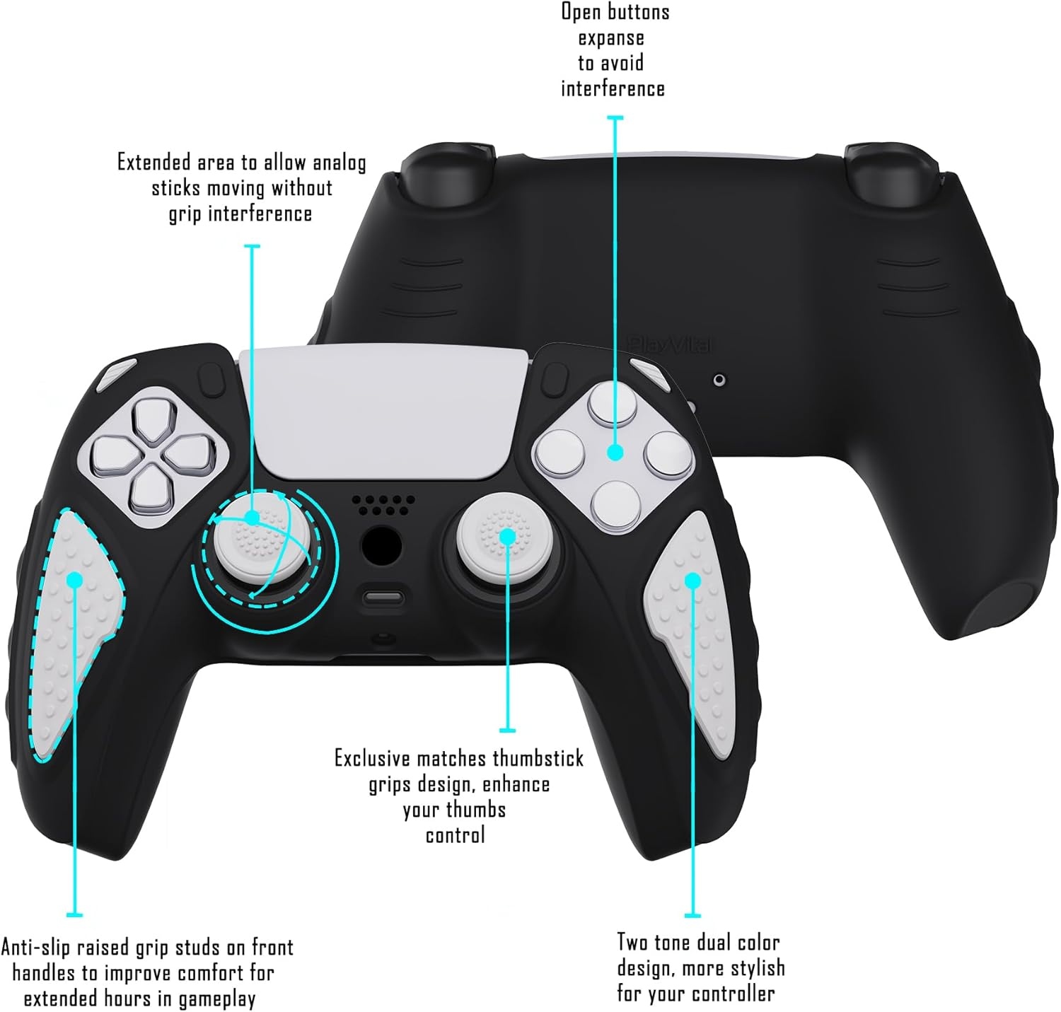 Playvital Knight Edition Black & White Two Tone Anti-Slip Silicone Cover Skin for Ps5 Controller, Soft Rubber Case for Ps5 Wireless Controller with Thumb Grip Caps - Blue  Black image number 4