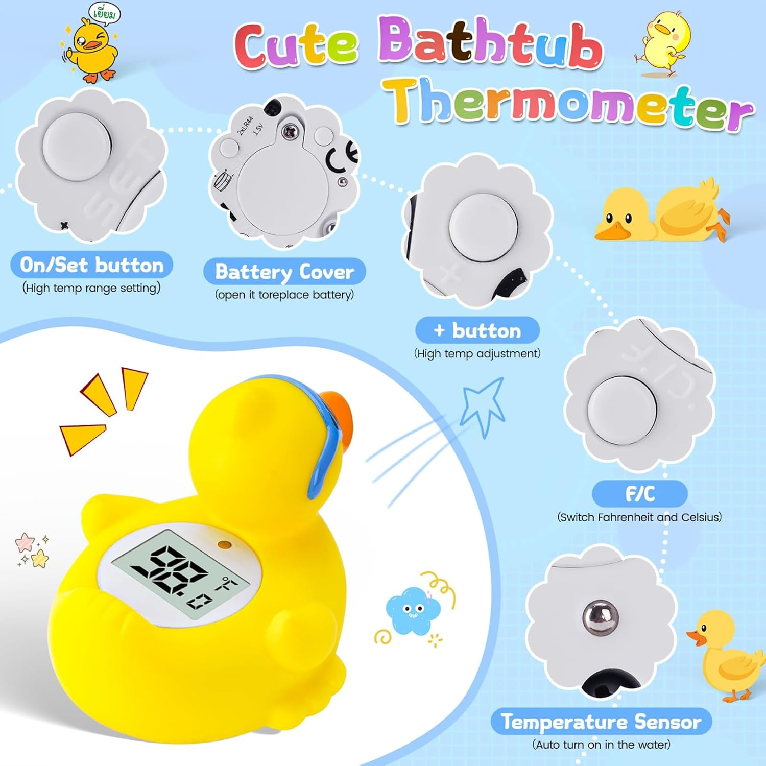 Baby Bath and Room Thermometer - Floating, Auto Sleep Mode, Adjustable Alerts, Safety Certified - Beach Duck image number 5