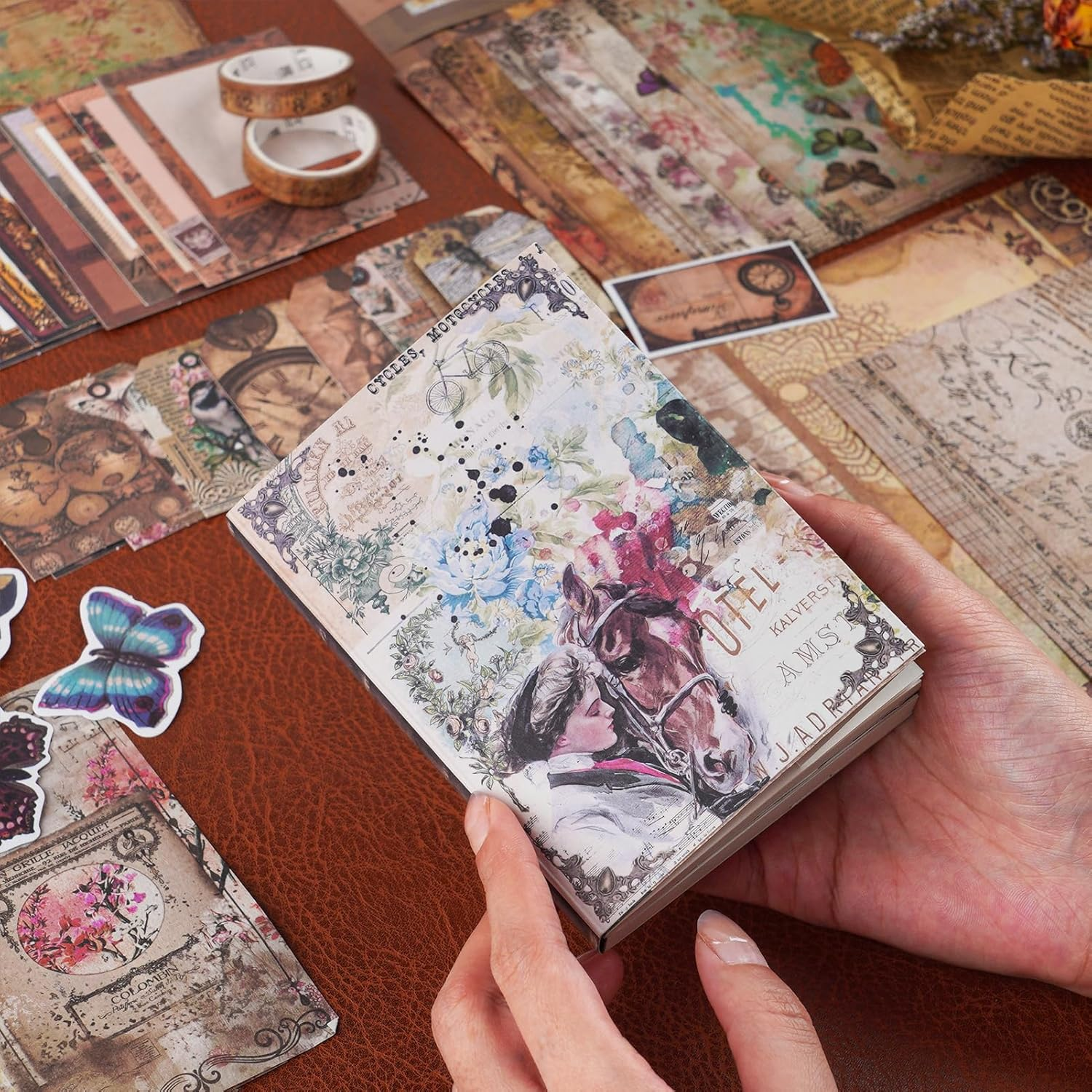 Funto Scrapbooking Kit (202 PCS), Vintage Collection-Wisteria & Butterfly, Perfect for Bullet Scrapbooking Materials, Planner DIY Arts Craft Collage image number 6