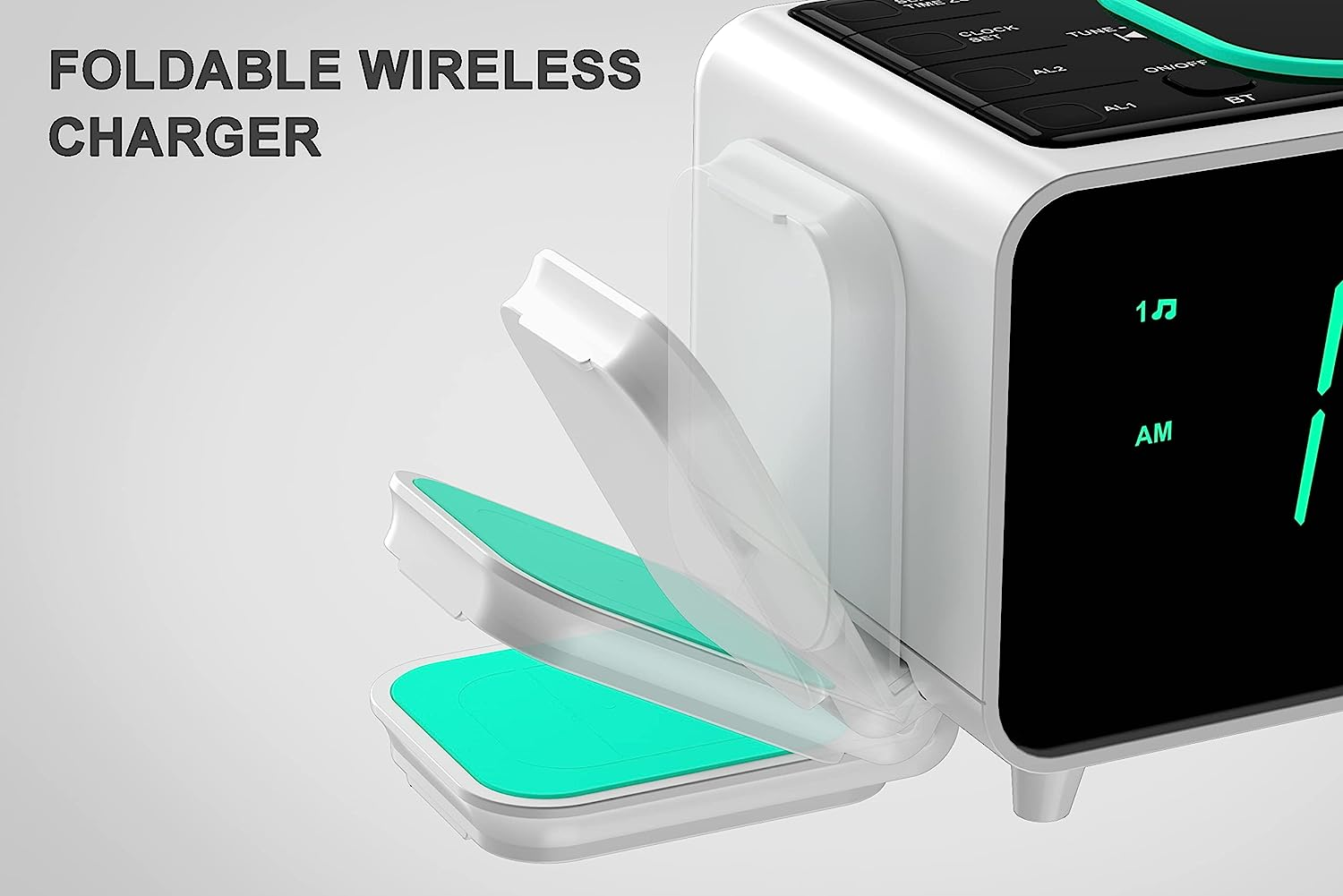 Emerson Radio Smartset Alarm Clock AM/FM Radio with Wireless Charging, Bluetooth Speaker, Fast Charging for Airpods/Iphone, Foldable Stand, USB Charger, Adjustable LED Glow, ER100501, Black/Neon image number 1