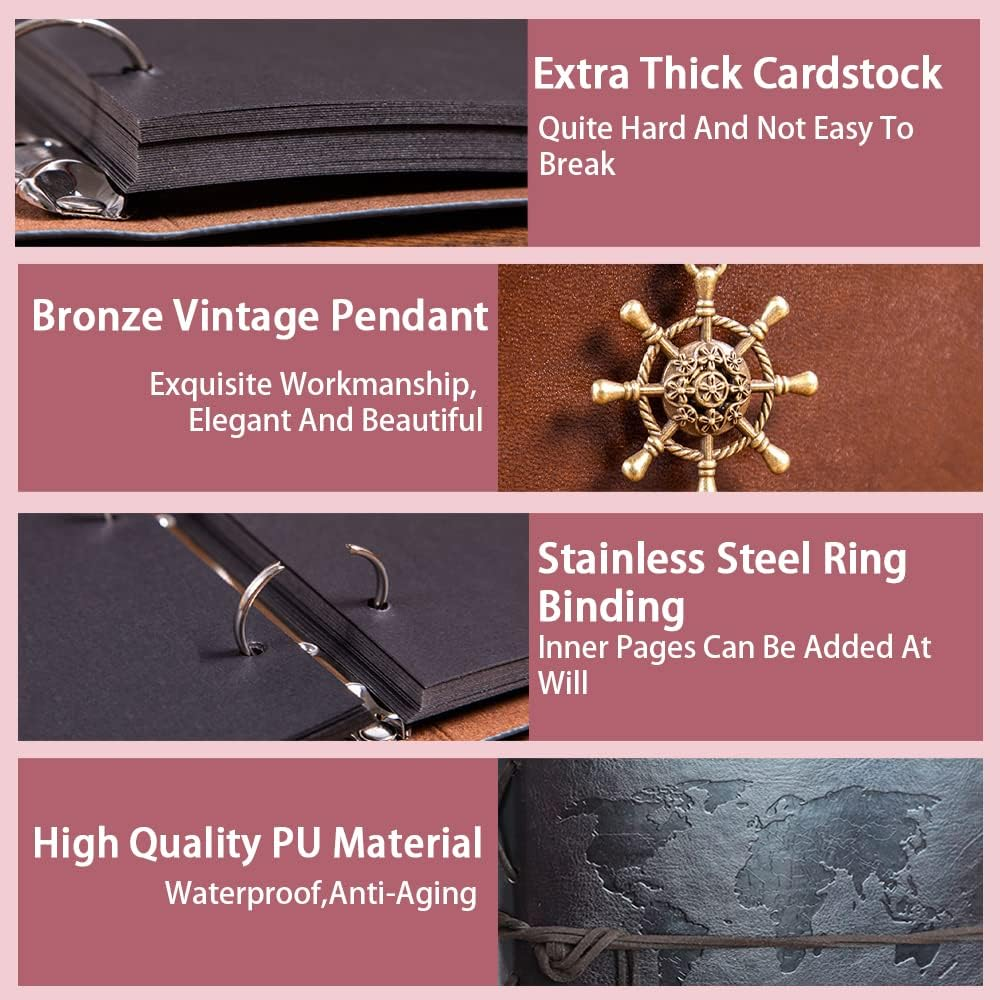 Leather Photo Album, Scrapbook Album with Retro Pendents, DIY Travel Vintage Photo Album, Family Photo Book Refillable 60 Pages for Anniversary Birthday Wedding (Red) - Red image number 5