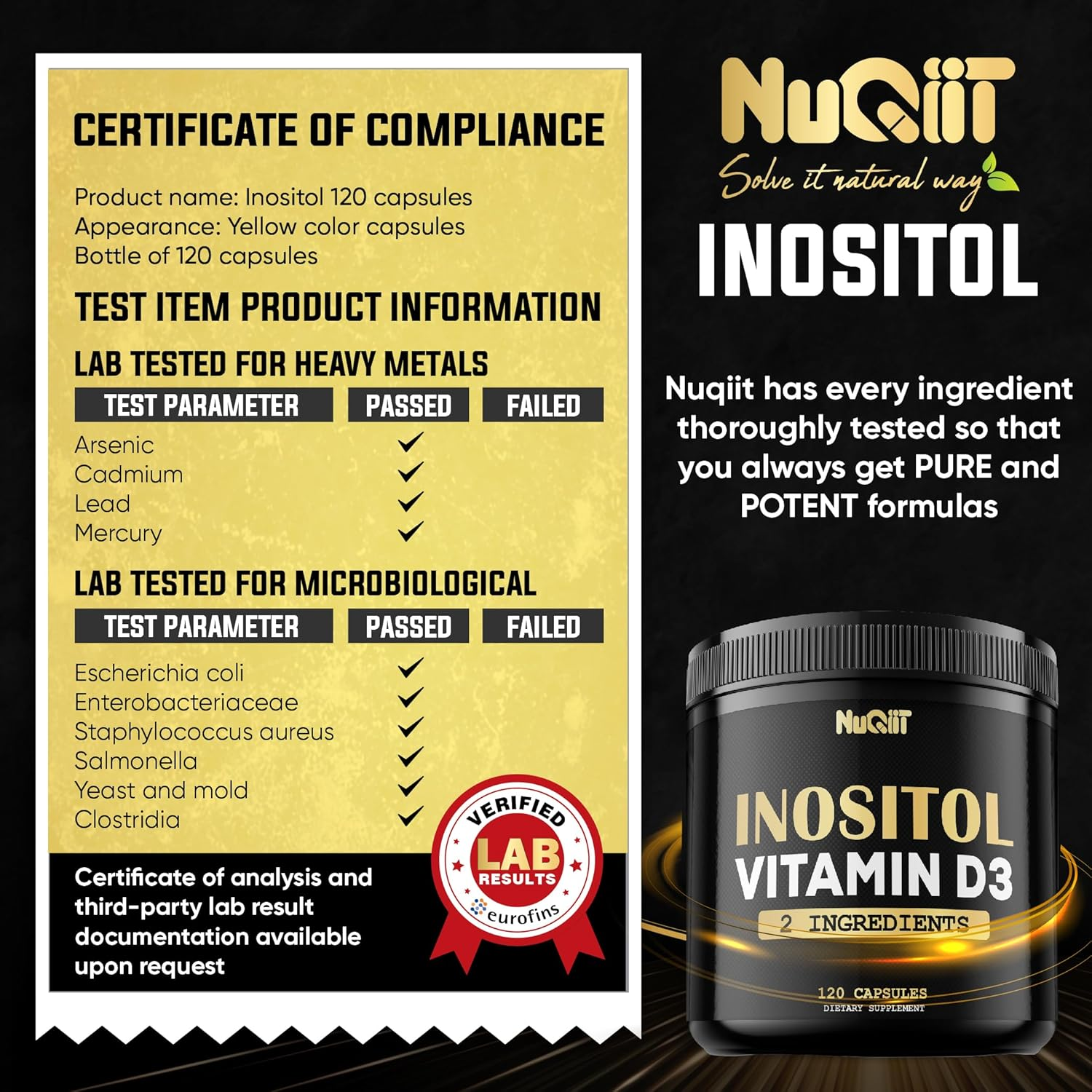 Inositol Supplement 1000Mg with Vitamin D3 5000 IU 625% -120 Capsules for 2-Month Supply