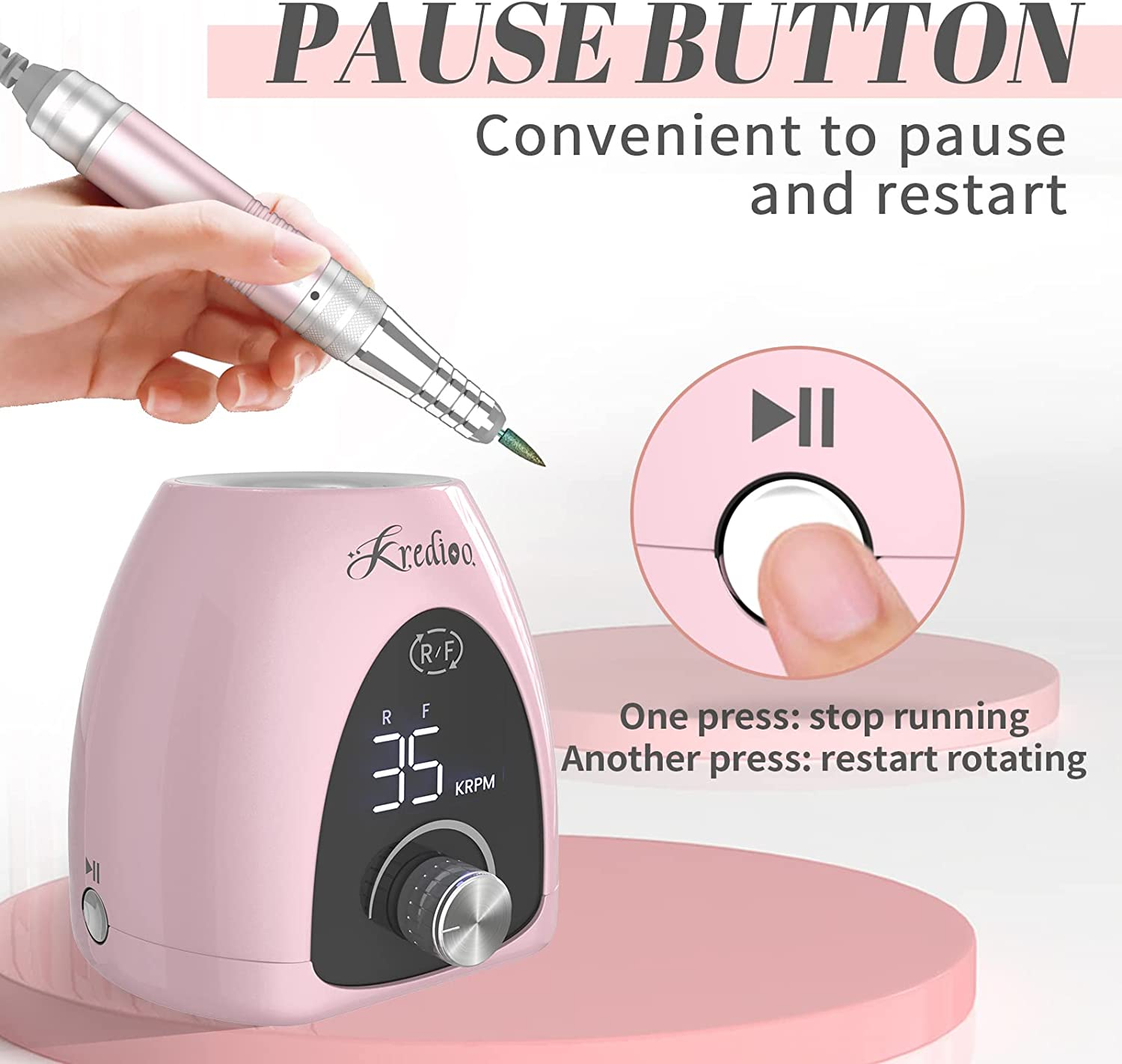 Kredioo Nail Drill Professional 35000RPM Electric Nail File for Acrylic Nails with Pause Button LED Screen for Home and Salon-Au Plug