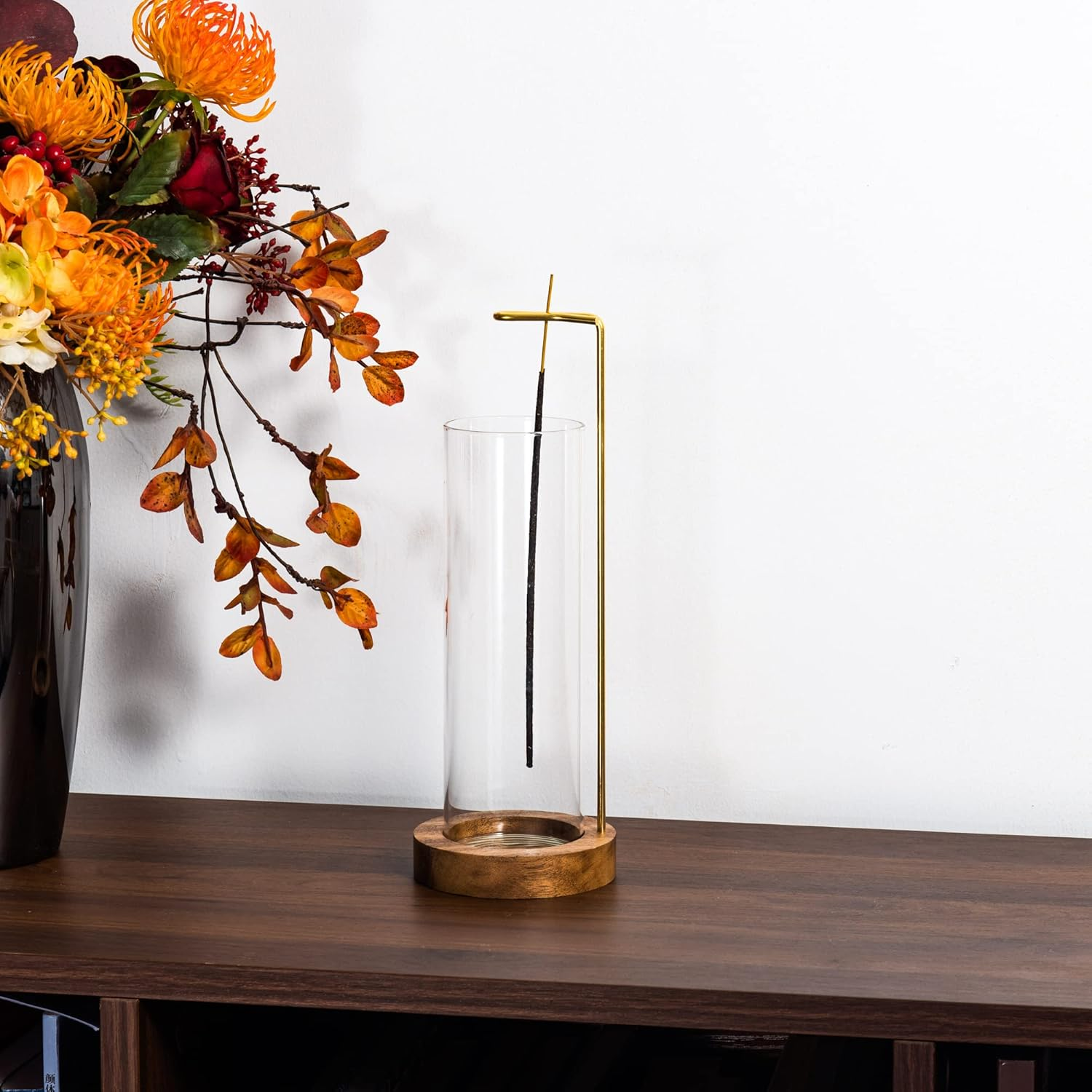 IMEEA Incense Holder for Sticks Wooden Incense Burner with Glass Ash Catcher & Brass Incense Stick Holder for Home Decor Yoga Spa Meditation (Round) image number 6