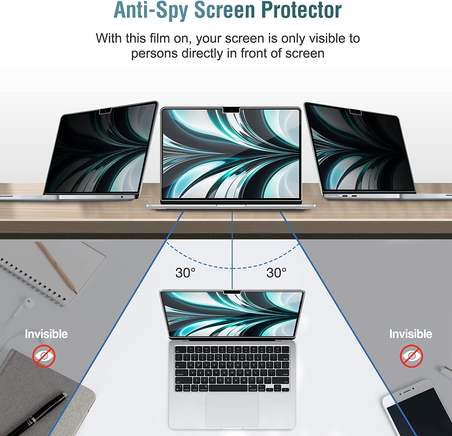 Procase Privacy Screen Protector for Macbook Air 13.6 M4 2025 / M3 2024 / M2 2022, Anti-Spy Tempered Glass Tinted Screen Film Guard for Macbook Air 13.6 Inch 2024 2022 A3240 A3113 A2681 with M3/M2 Chip & Touch ID image number 2