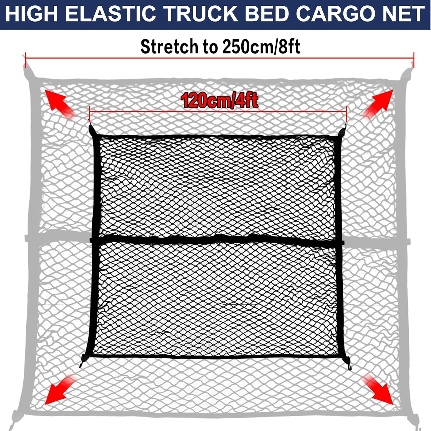 Cargo Net for Pickup Truck Bed Highly Elastic Cargo Storage Mesh Organizer with 4 Plastic Hooks and 6 Metal Carabiners, 4'X4' Stretches to 8'X 8&rsquo; | Single Layer image number 3