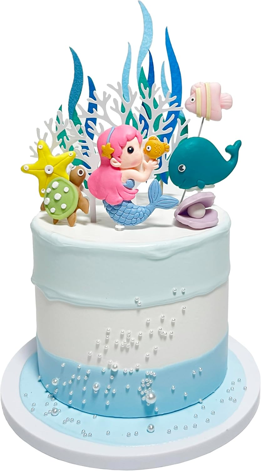 Mermaid Cake Topper Sea Cake Decorations Ocean Theme Birthday Cake Toppers Mermaid Starfish Seaweed Shells Whales Cake Toppers for Girl Kid Baby Birthday Party image number 1