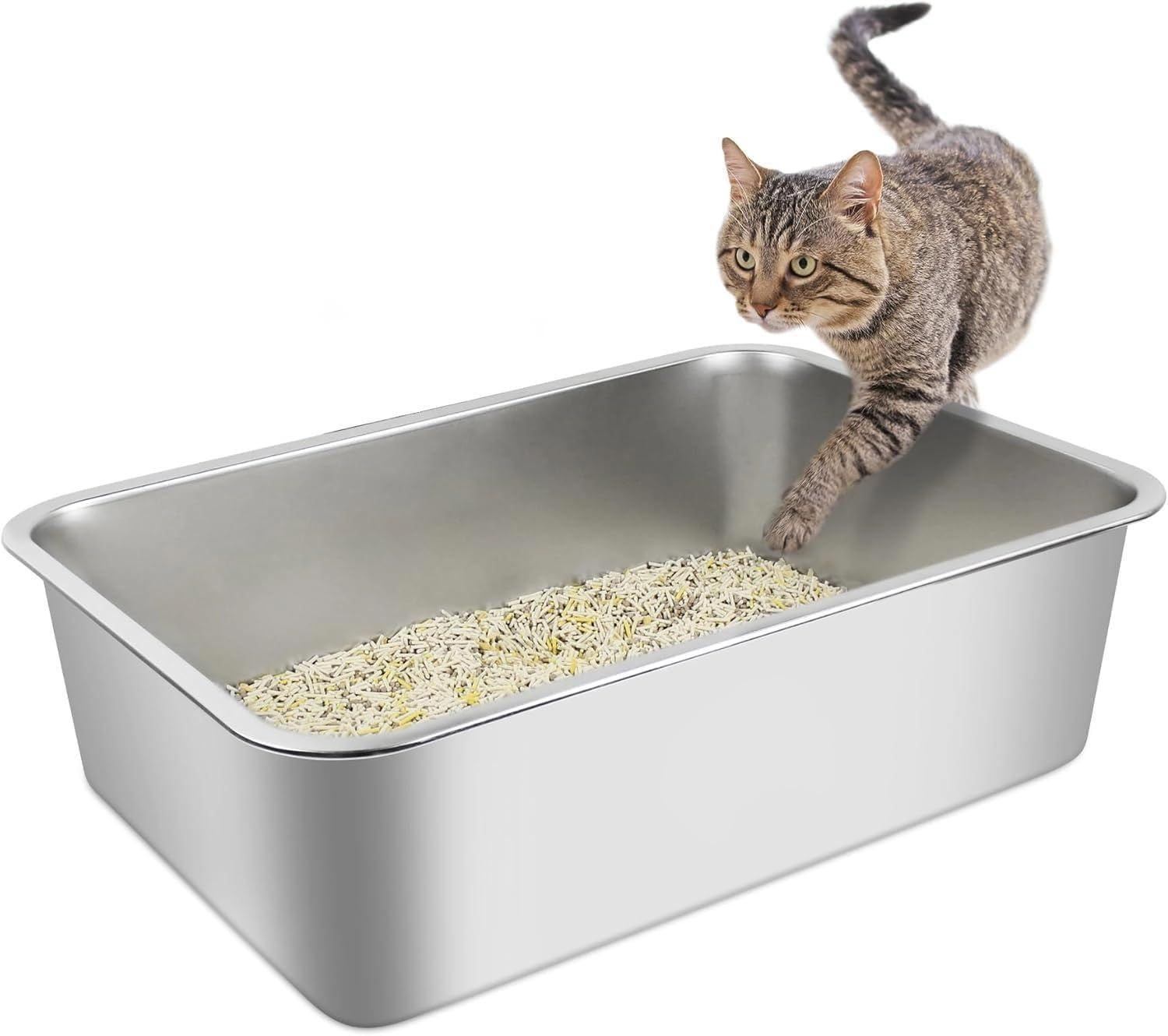 Stainless Steel Cat Litter Box, 50L X 35W X 15H CM for Kitty Large or Small Cat, Animals Potty Toilet, Non-Sticky, Easy to Clean, Anti-Urine Leakage image number 3