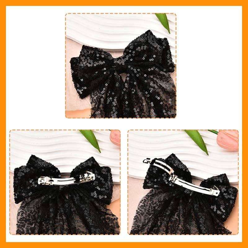 Big Sequin Black Hair Bow Clips Glitter Bows for Hair Ribbon Bow-Knot Hair Clips Barrettes Headwear Disco Festival Party Hair Accessories for Women