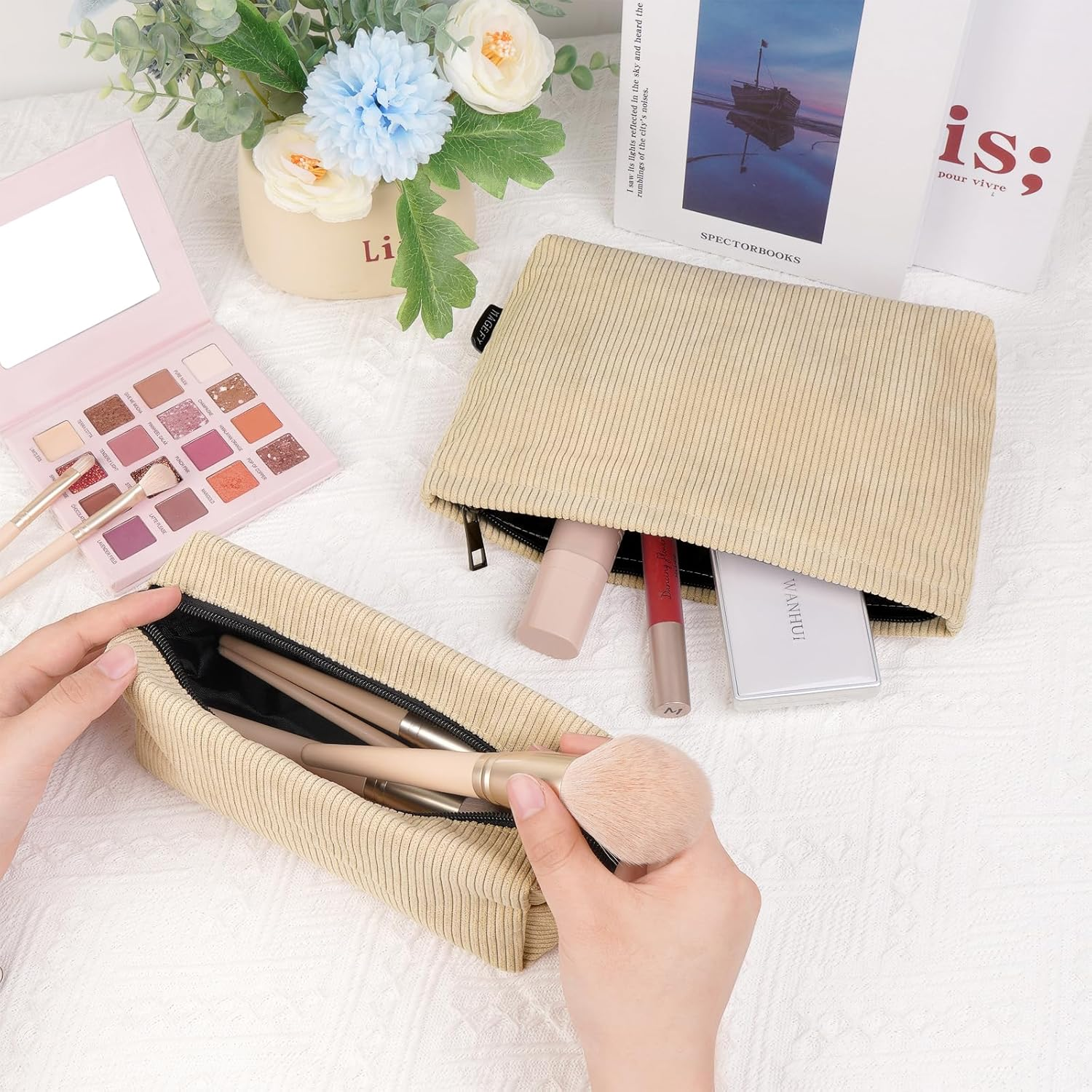 MAGEFY 2 Pcs Makeup Bags for Women, Corduroy Make up Bag for Purse Travel Makeup Bag Small Cosmetic Bags with Zipper Makeup Pouch for Travelling(Beige) image number 5