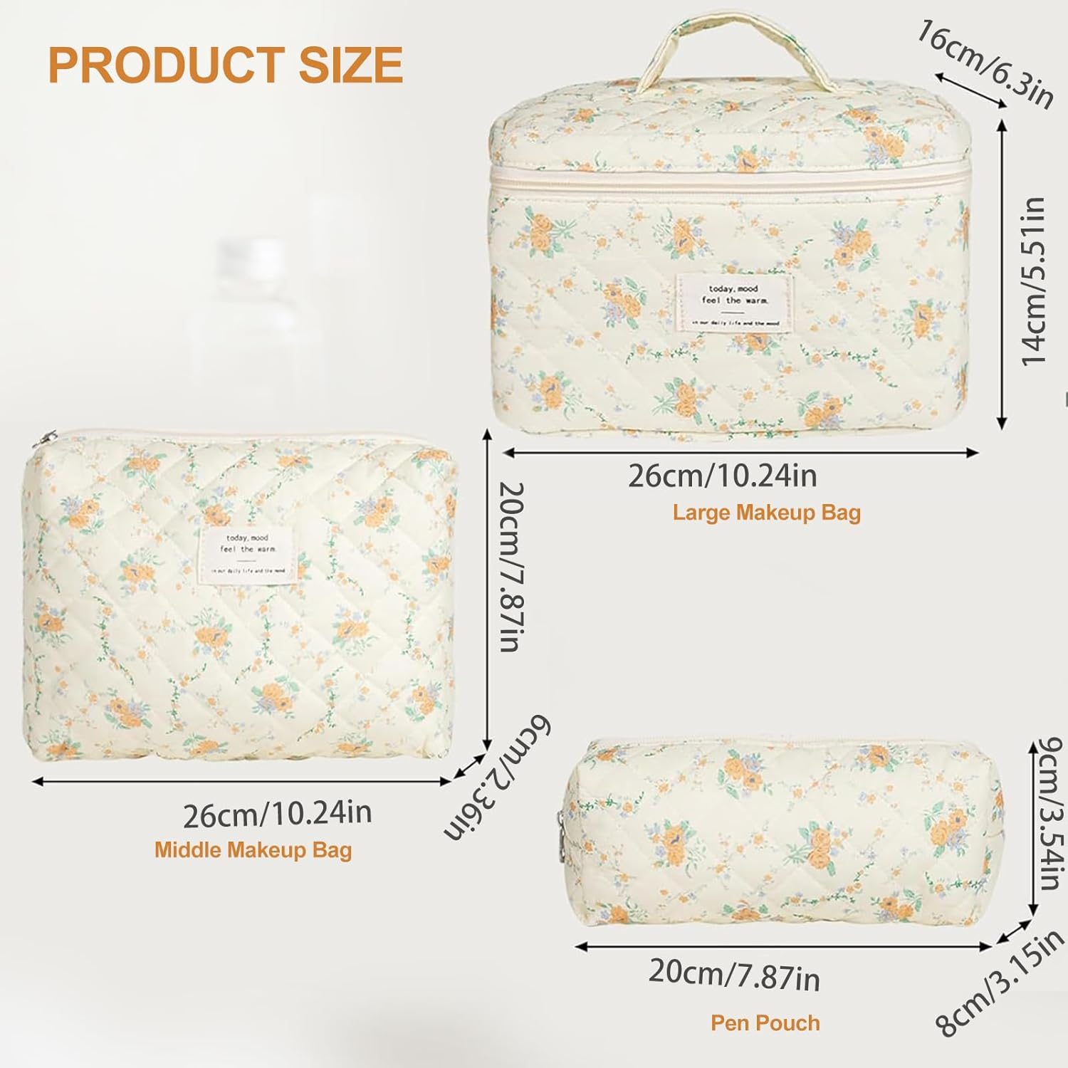 TOPALL Makeup Bag,Cosmetic Bag,Floral Cotton Quilted Makeup Bag,Classic Toiletry Bag,Cosmetic Pouch,Makeup Bag for Women Girls,Orange Flower