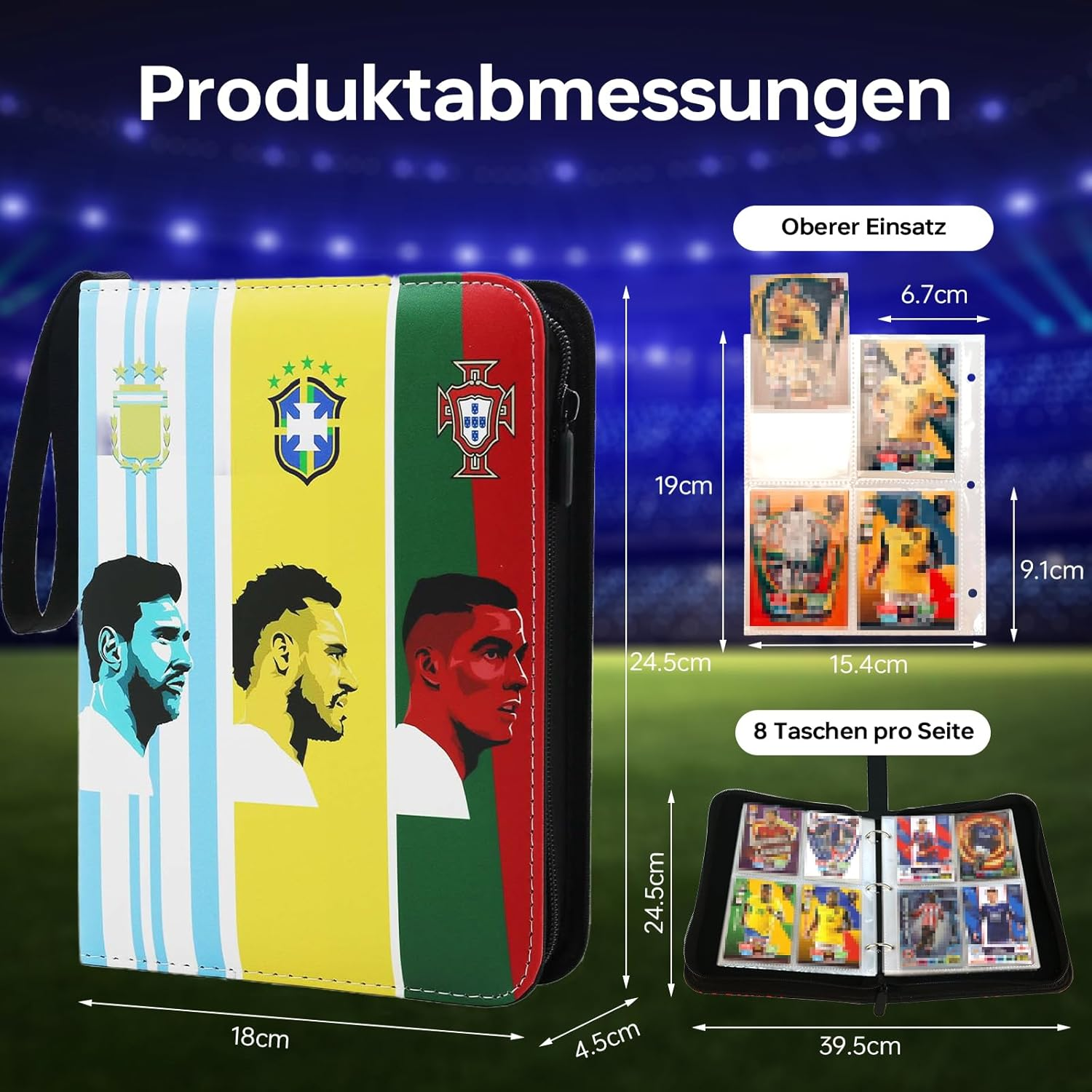 Football Scrapbook, 4 Pockets, Football Trading Cards, Album Folder with Zip, Carry Handle and 50 Sleeves for 400 Cards, 3-Ring Sports Cards, Book Folder, Collector'S Book Folder - Hld9 Blue image number 2