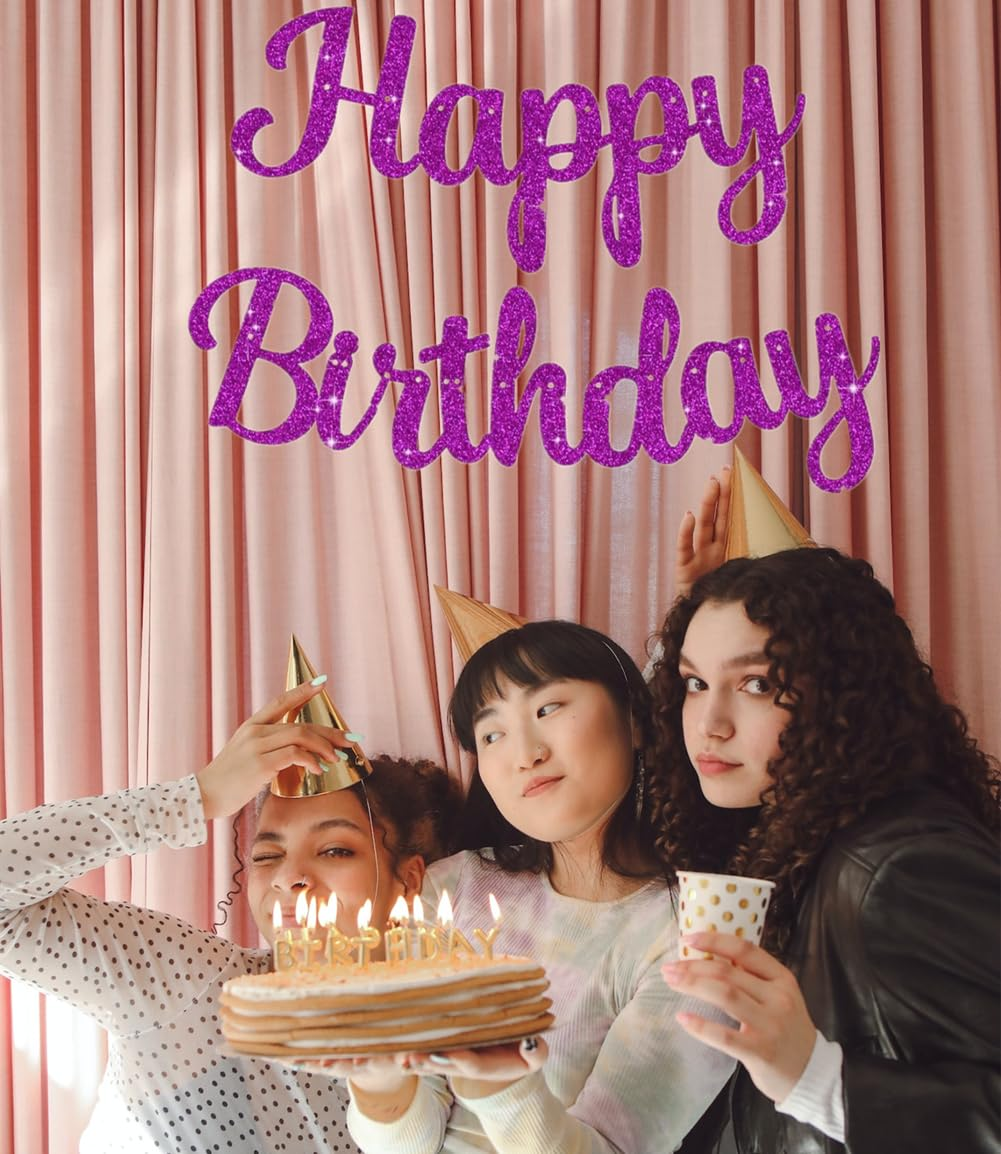 Cursive Glitter Happy Birthday Banner, 10 Feet Birthday Party Decorations HBD Sign Decor (Hot Pink) image number 4