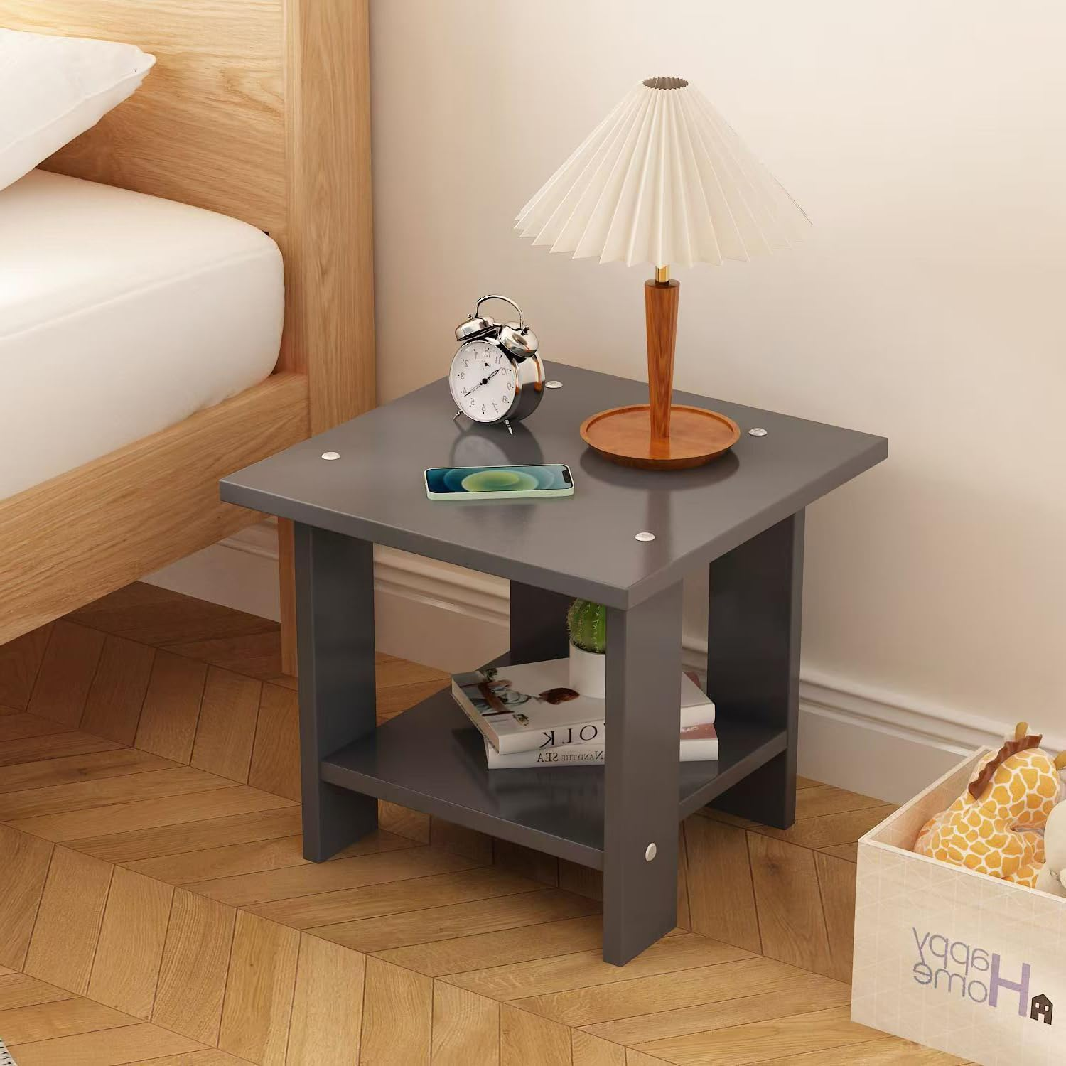 Hbluefat End Table, 19.68In Sofa Side Tea Table, 2-Tier Small Bed Side Table, Wooden Square Low Table for Small Space, Living Room, Bedroom (Grey)