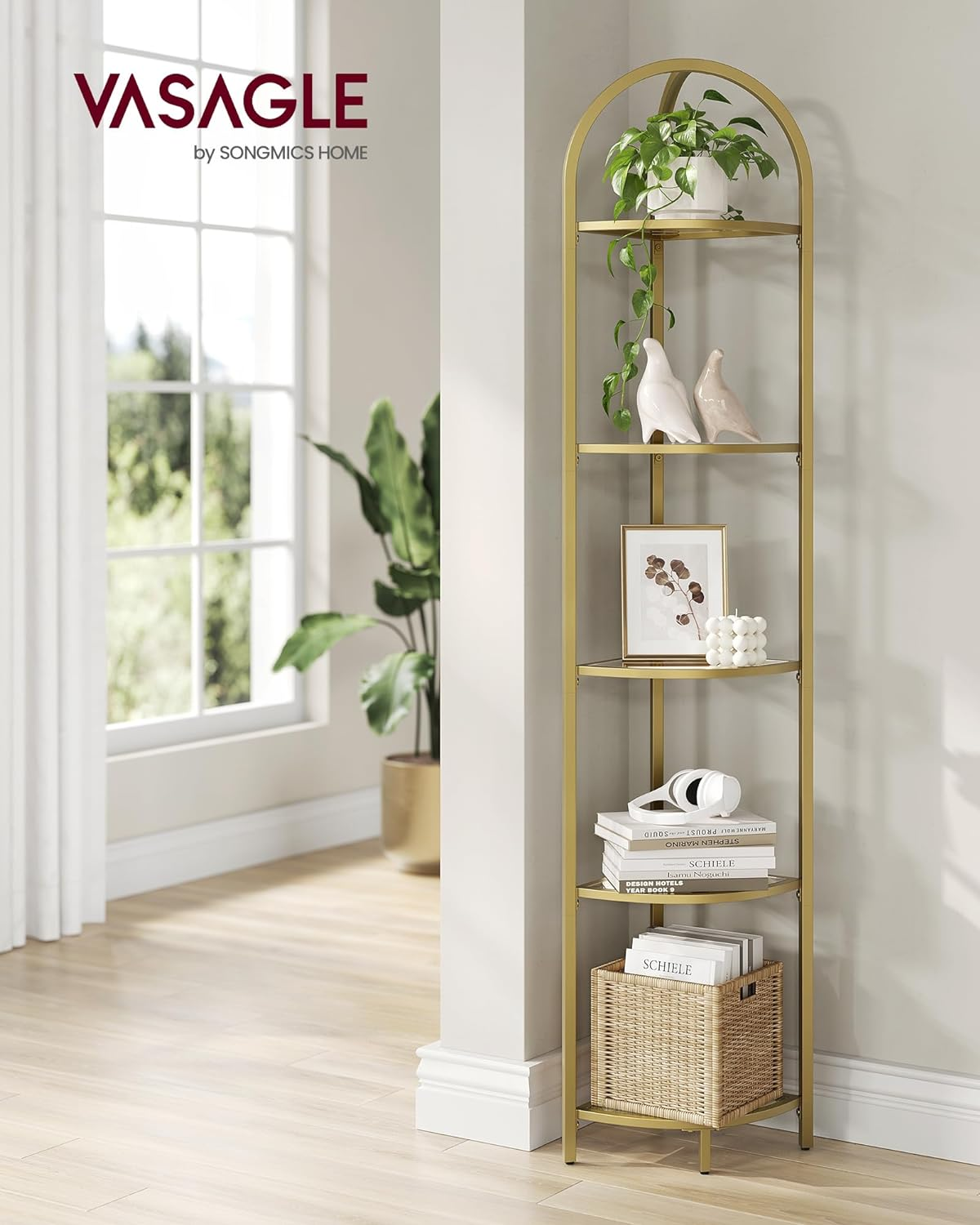 VASAGLE 5 Tier Corner Ladder Bookshelf Tempered Glass Modern Style Golden Color