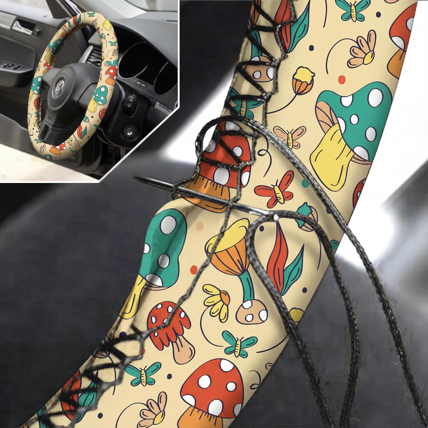Riakrum 17 Pcs Mushroom Car Seat Covers Accessories Full Set for Women Men Automotive Rear Front Protector View Mirror Hanging Ornament Steering Wheel Belt Cover (Mushroom & Moth) (Sw-Riakrum-659738) image number 5