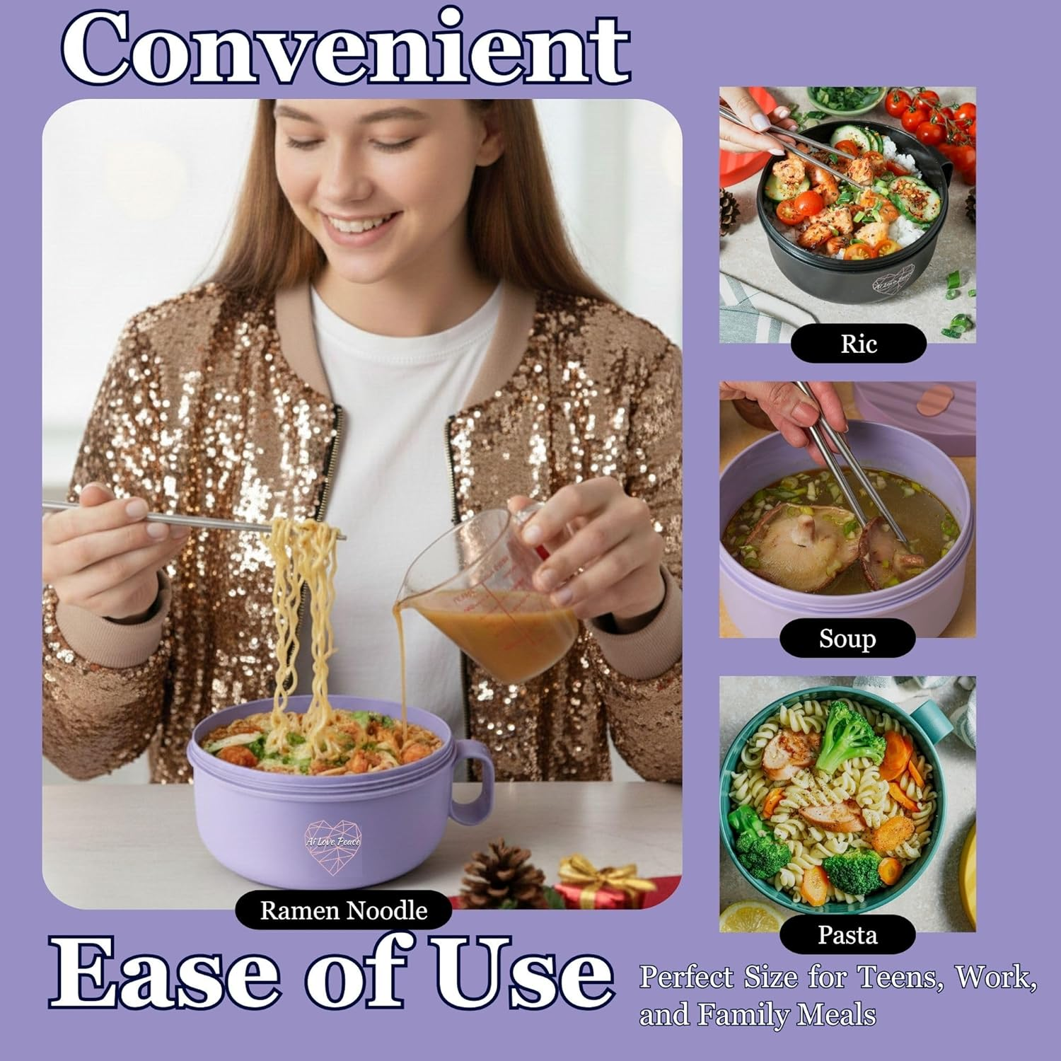 Ai Love Peace Ramen Bowl, 40 Oz Microwaveable Noodle Cooker for Ramen, Pho, Soup, and Pasta, Dishwasher Safe and Portable, Ideal for Home, Office, Dorm, or Gift (Purple) image number 3