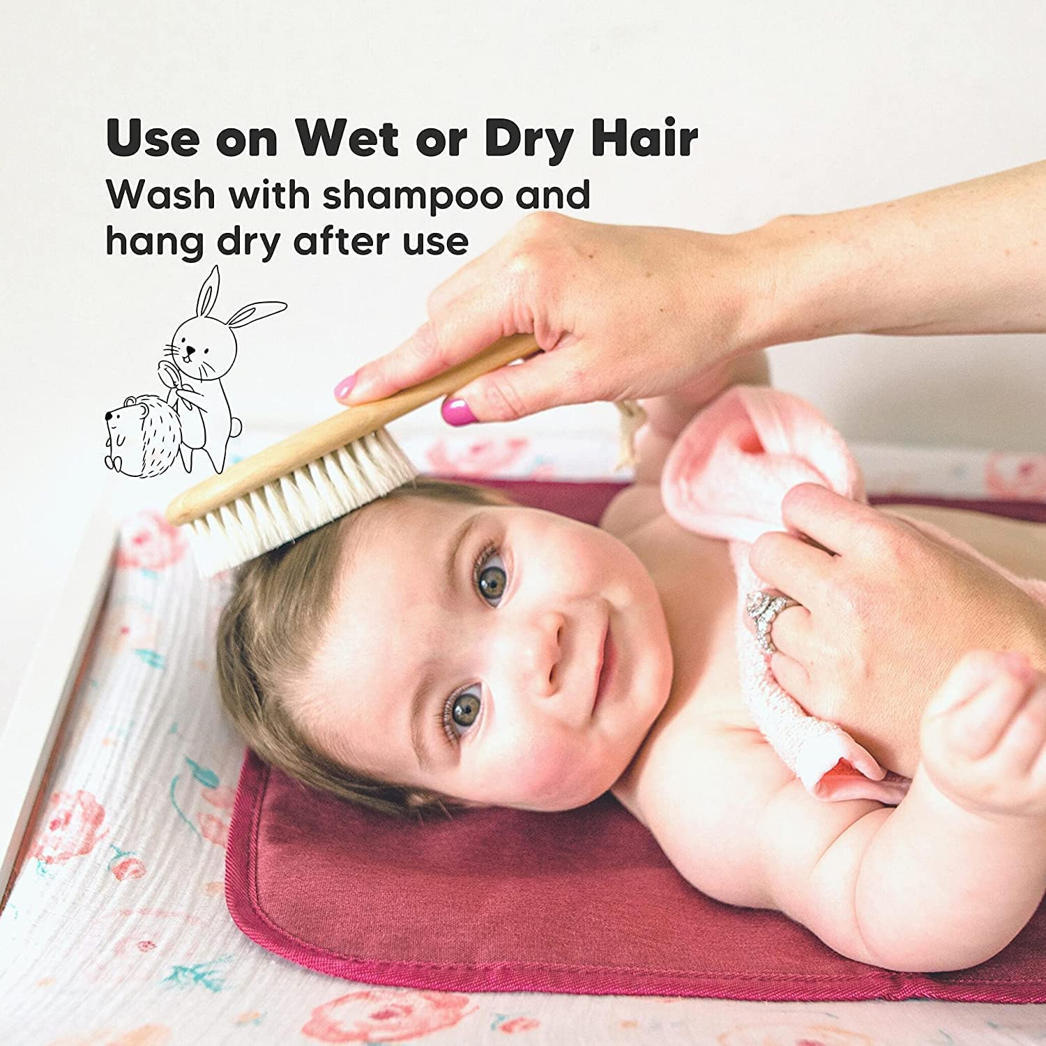 3 Piece Wooden Baby Hair Brush and Comb Set Natural Goat Bristles Brush for Newborns and Toddlers Perfect for Baby Shower and Registry image number 3