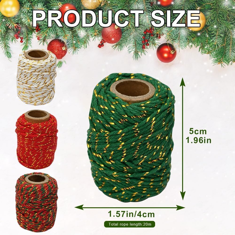 Christmas Cotton String Twine Rope for Gift Wrapping, 4 Rolls Baker Twine Packing Cord, Candy Ribbon image number 5