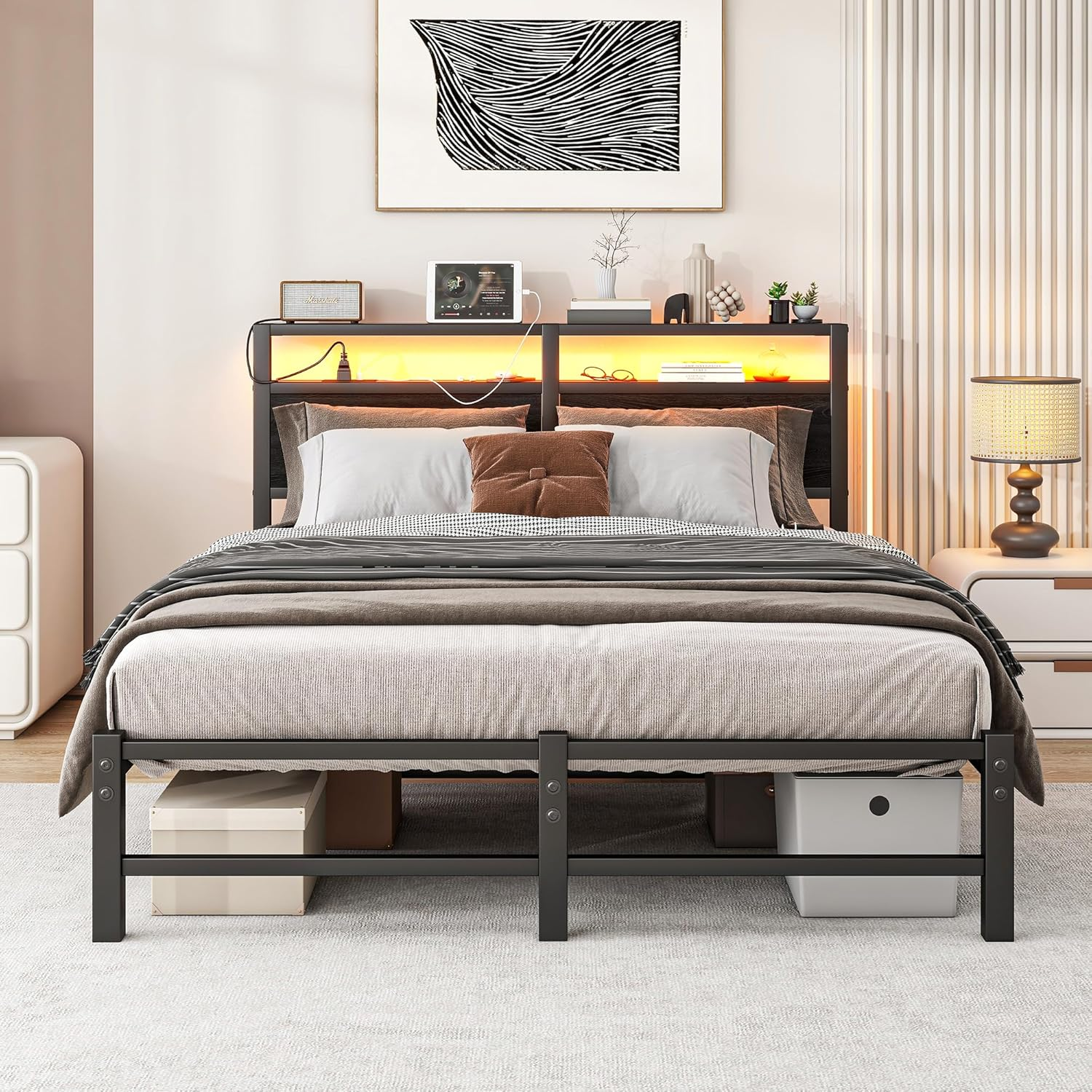 Queen Bed Frame with LED Lights Storage Headboard,Queen Bed Frame with Charging Station,Heavy Duty Metal Platform Bed Frame,No Box Spring Needed,Noise Free,Strong Metal Slats Support,Black image number 2