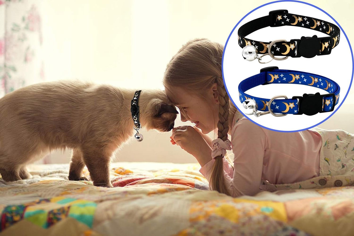 2PCS Glow in the Dark Cat Collars with Bell - Adjustable Breakaway Kitten Collars, Safe Stretch Clasp, Cute Moons & Stars Pendant for Indoor/Outdoor Cats image number 1