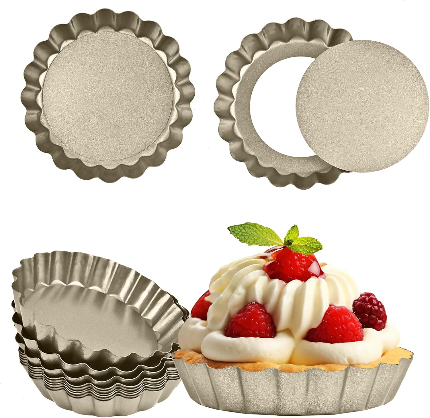 Mini Tart Pan 12PCS, 4 Inch Tart Pan Removable Bottom Non-Stick Tin, 0.9 Inches High Suitable for DIY Making Small Tarts at Home. Champagne Gold Appearance. image number 6