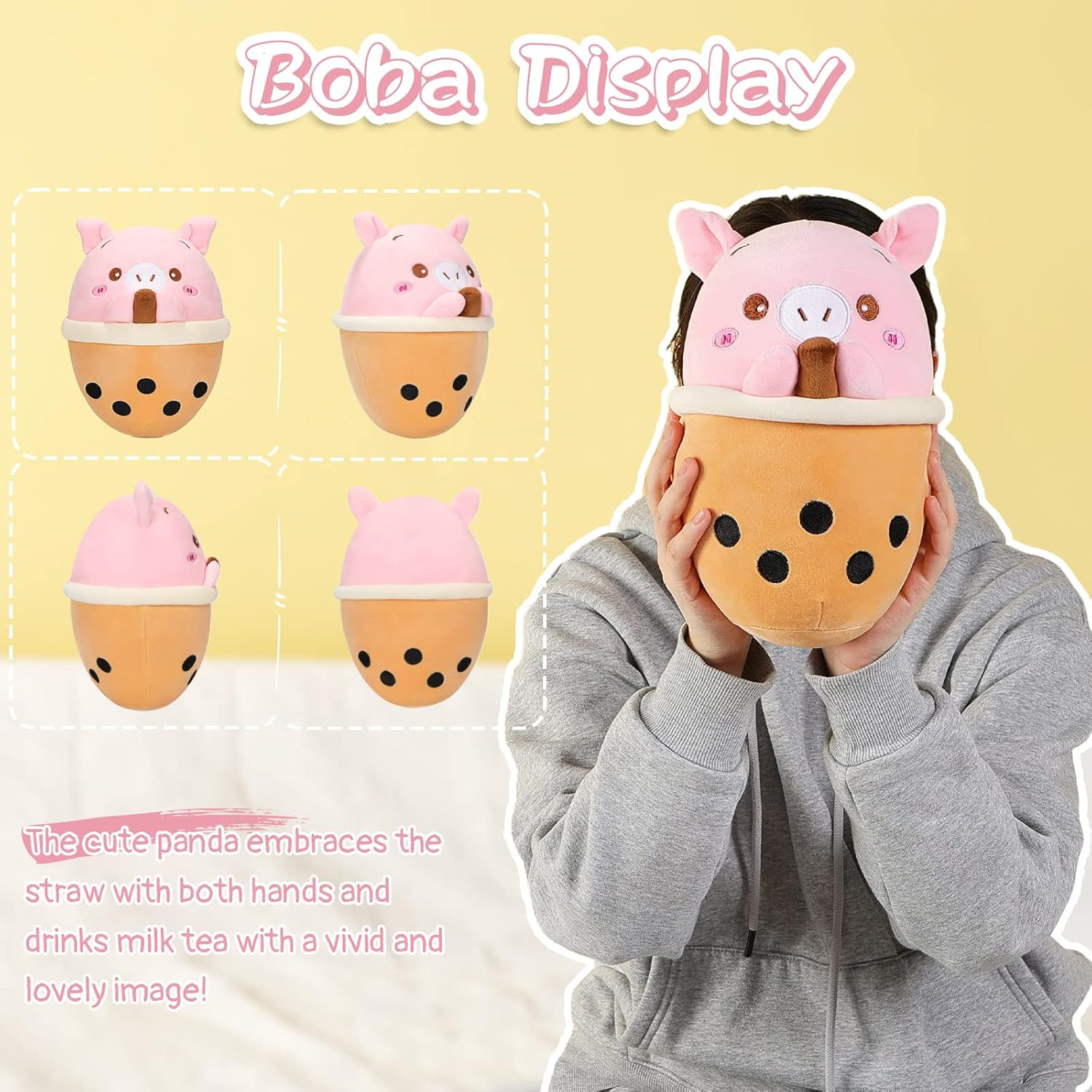 AIXINI 10 Inch Cute Pig Boba Plush Stuffed Squishy Animal Bubble Tea Pillow,Super Soft Cartoon Hugging Toy Gifts for Bedding, Kids Sleeping Kawaii Pillow image number 6