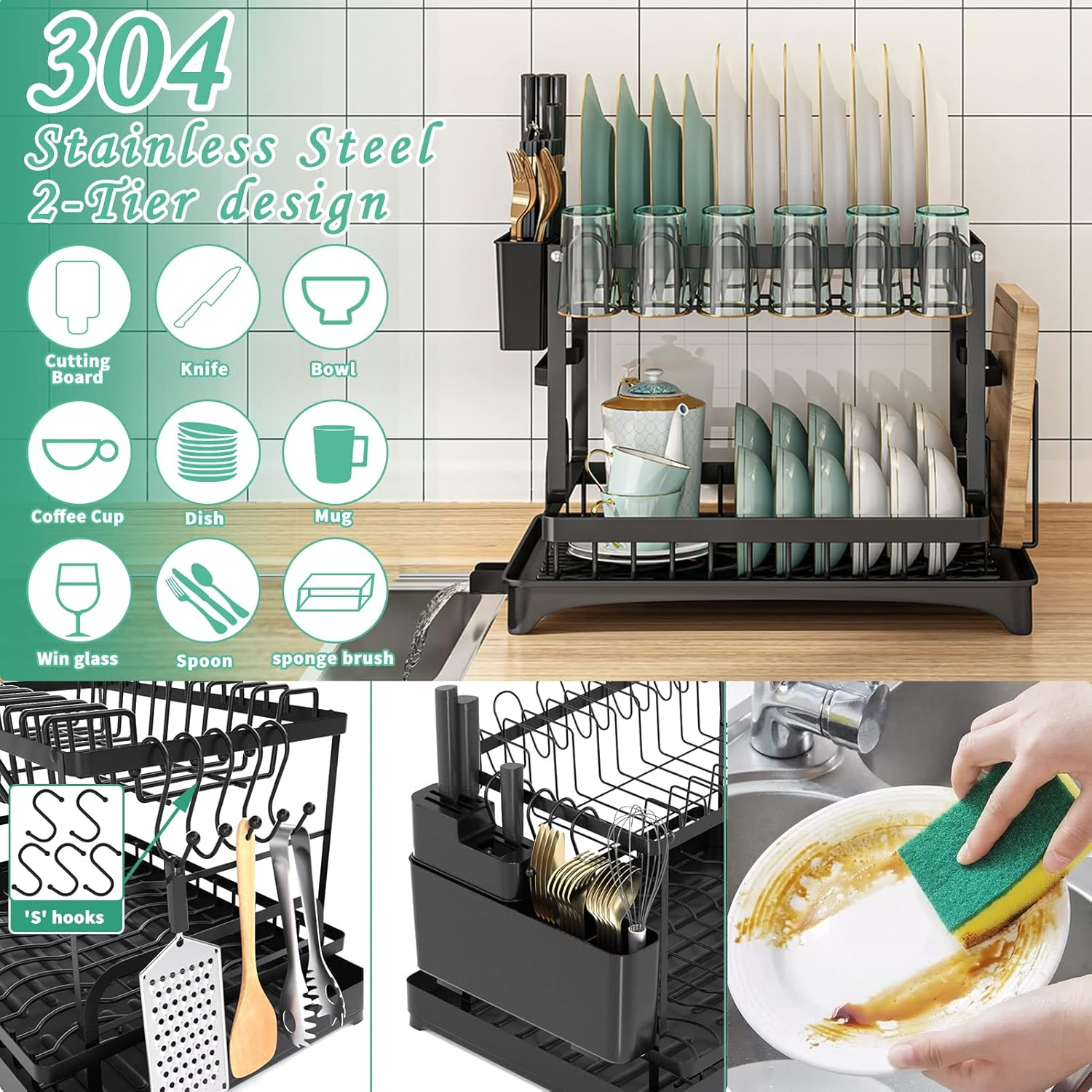 Dish Drying Rack,Dish Rack for Kitchen Counter,2 Tier Large Dish Drying Rack with Drainboard Stainless Steel Dish Drainer with Drainage Utensil Holder for Dish/Knifes/Cup/Cutting Board(14.6*11*12 IN) image number 1