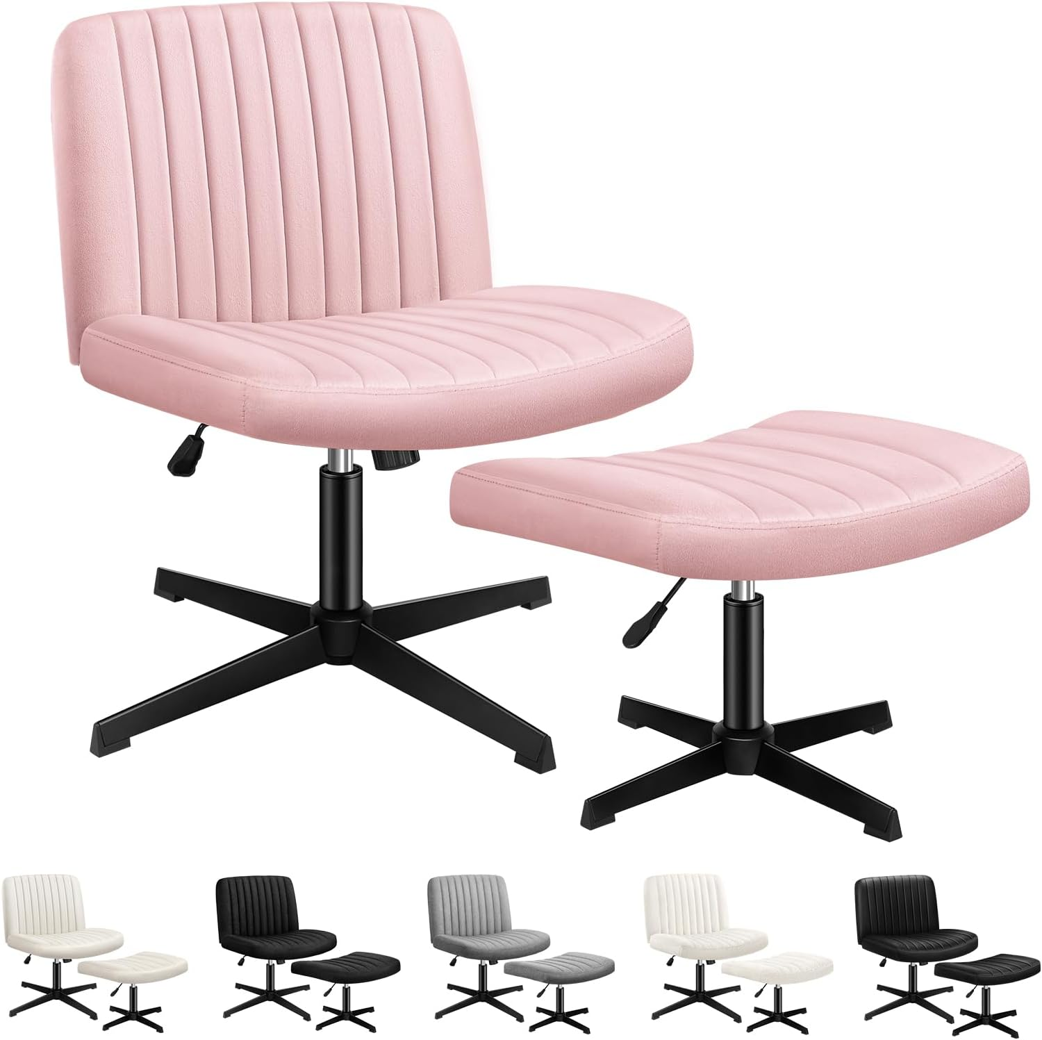 ALFORDSON Armless Criss-Cross Desk Chair with Ottoman Stool, Ergonomic Cross Leg Office Chair with Channel-Tufted Mid-Back Design, Tilt & Height Adjust and Swivel, 180Kg Max, Xavi Velvet Pink